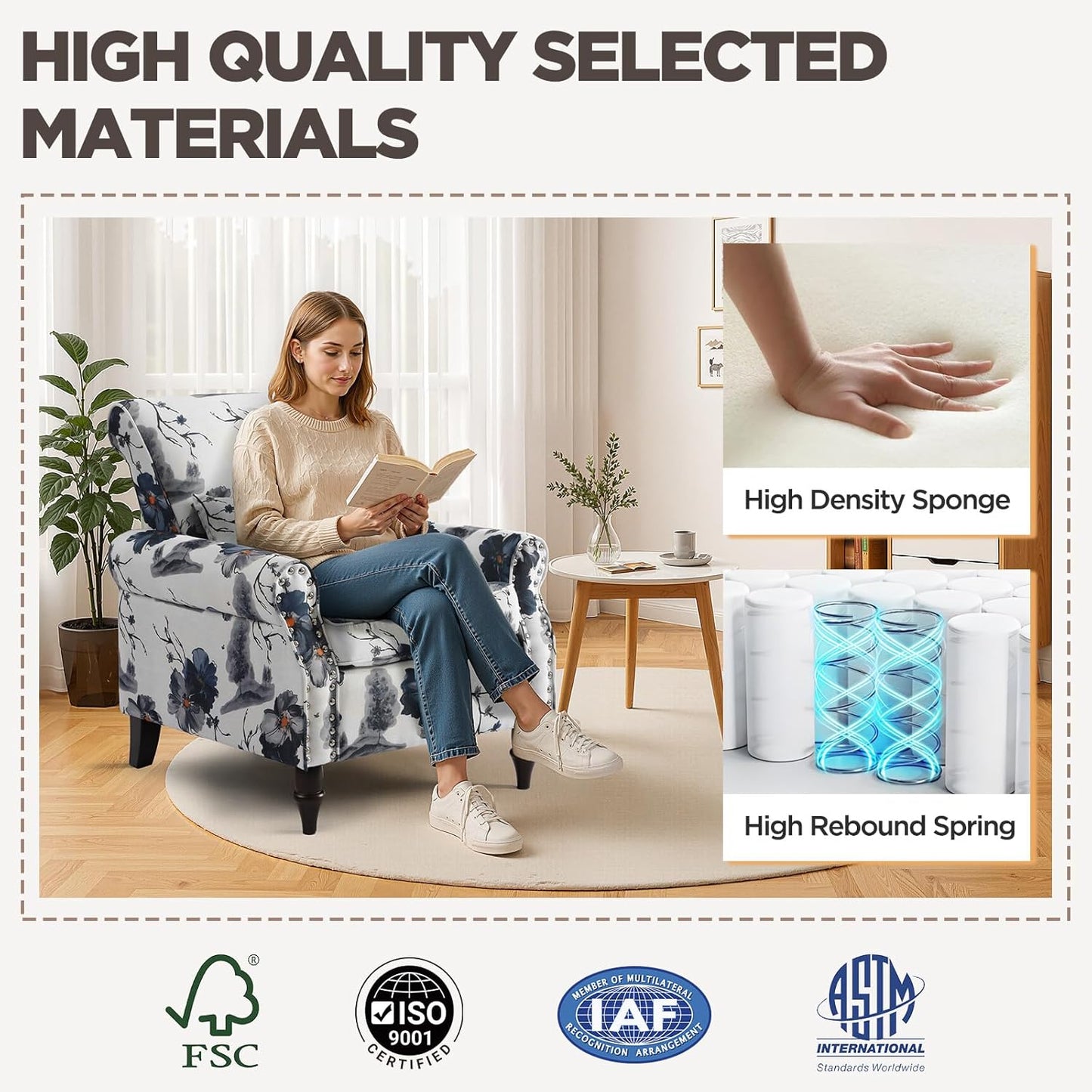 Wingback Accent Chair with Removable Pillow, High Back Floral Armchair with Solid Wood Legs & Nailhead Trim, Comfy Upholstered Reading Single Sofa Chair for Bedroom (2, Ink Blue Pattern)