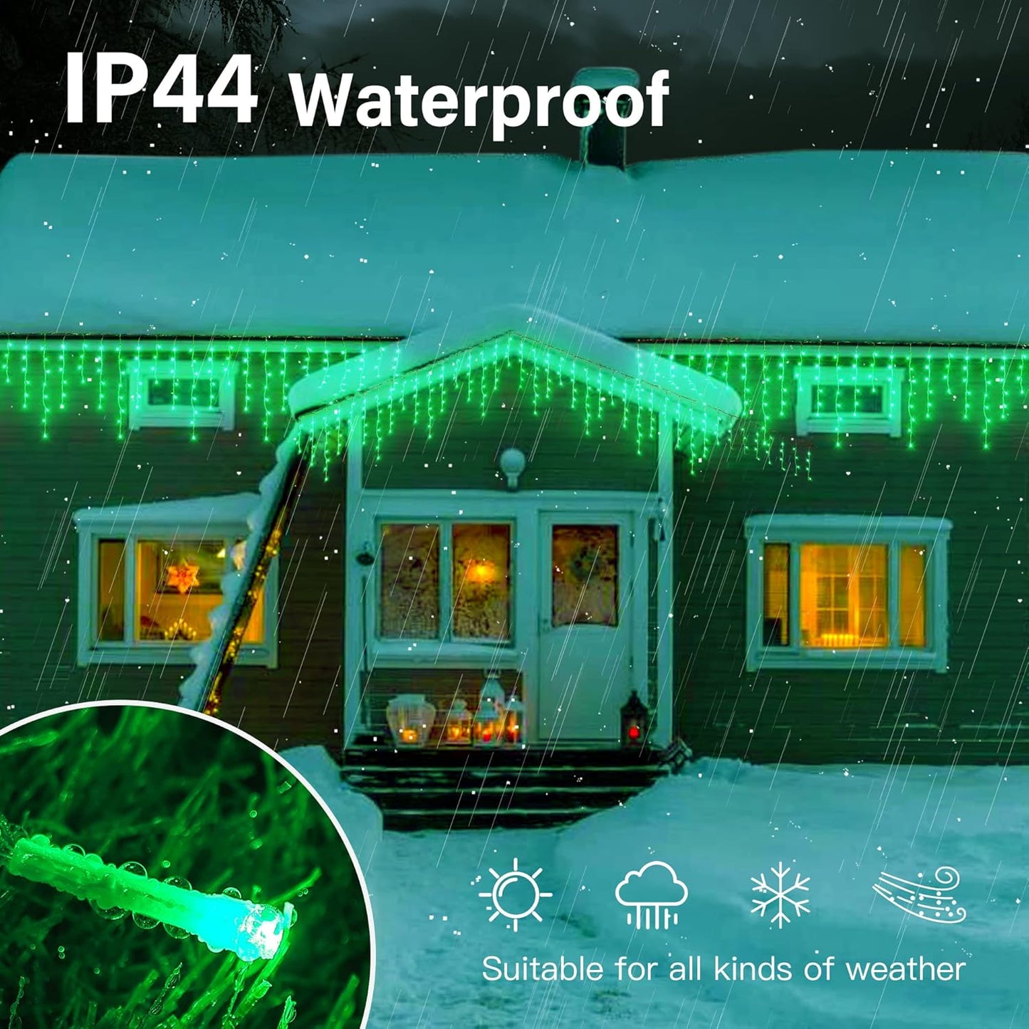 Hopolon 33FT 360L LED Christmas Icicle Lights Outdoor Waterproof,8 Modes Plug in Curtain String Lights with 60 Drops,Christmas Lights for Wedding,Party,Bedroom,Home,Garden,Wall Decorations(Green)