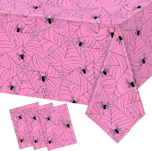 TREWAVE 3 Pack Halloween Spiderweb Tablecloth Rectangular Plastic Spider Web Table Cloth Large Size Table Covers for Home Decor Halloween Party Decorations 54" x 108" (Pink)