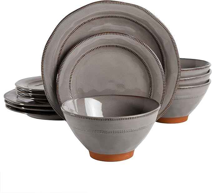 Gibson Elite Terranea Round Reactive Glaze Terra Cotta Dinnerware Set, Service for Four (12pcs), Grey