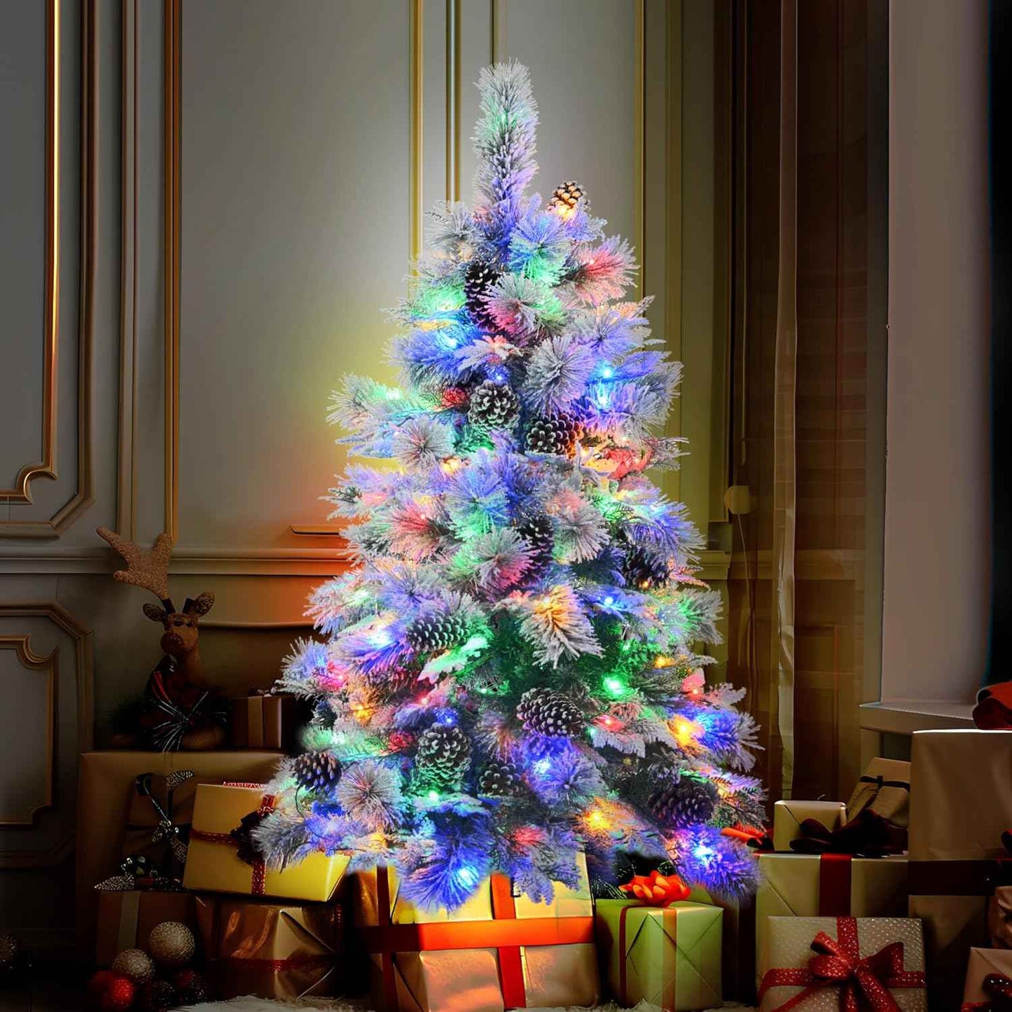 4FT Pre-Lit Spruce Snow Flocked Artificial Christmas Tree - Xmas Tree for Christmas,120 Multi-Color LED Lights and 170 Branch Tips, 11 Flashing Modes for Home Office Christmas Decor