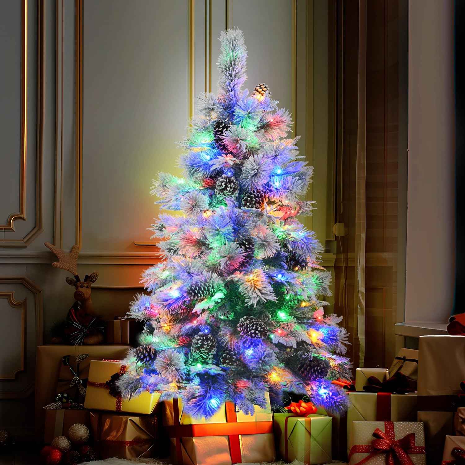 4FT Pre-Lit Spruce Snow Flocked Artificial Christmas Tree - Xmas Tree for Christmas,120 Multi-Color LED Lights and 170 Branch Tips, 11 Flashing Modes for Home Office Christmas Decor