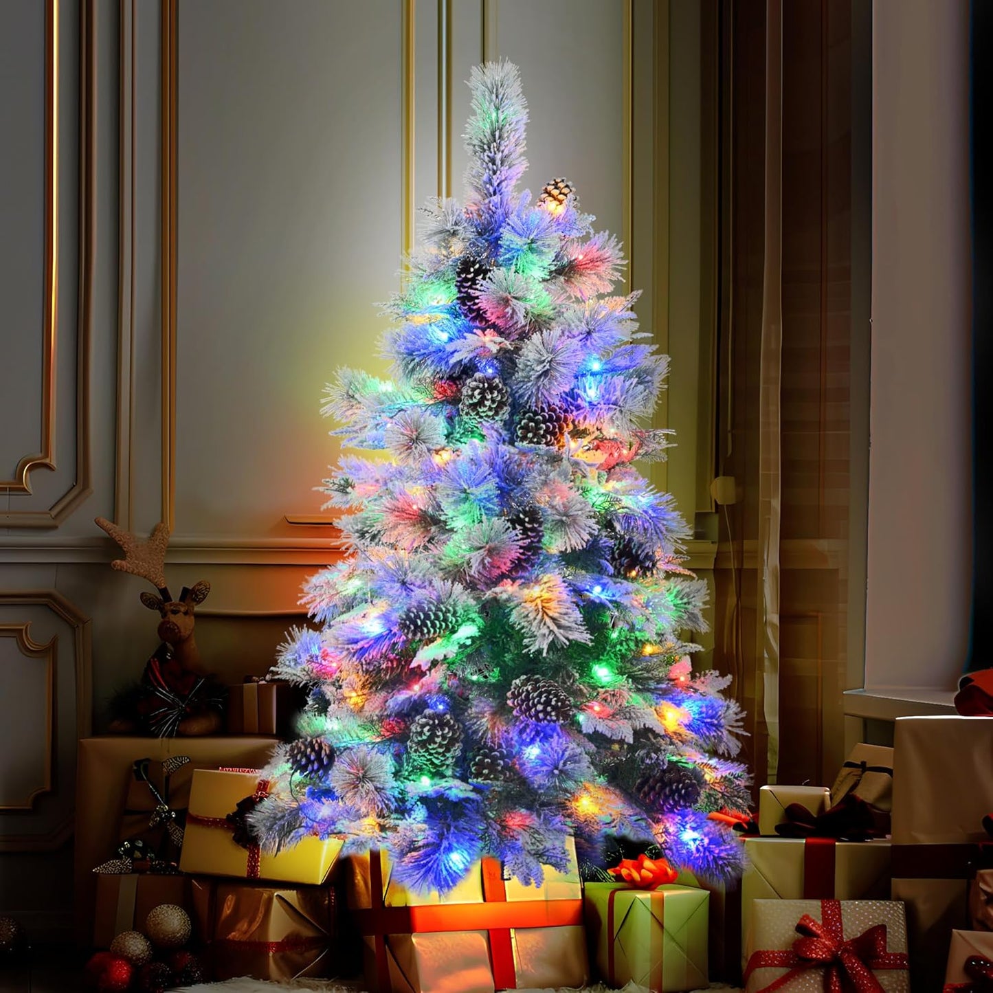 4FT Pre-Lit Spruce Snow Flocked Artificial Christmas Tree - Xmas Tree for Christmas,120 Multi-Color LED Lights and 170 Branch Tips, 11 Flashing Modes for Home Office Christmas Decor