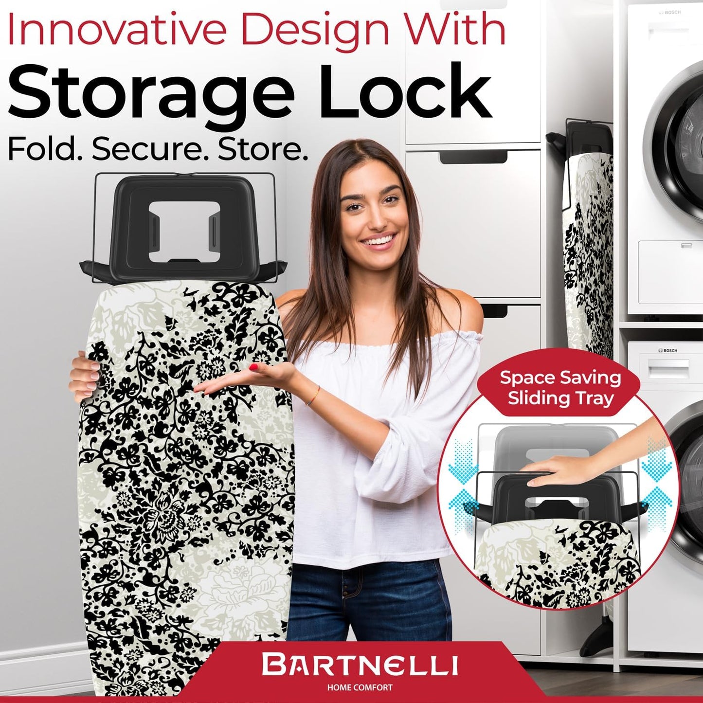 Bartnelli Pro Luxury Ironing Board - Extra Wide 62x19” Steam Iron Rest, Adjustable Height, T-Leg Foldable, European Made