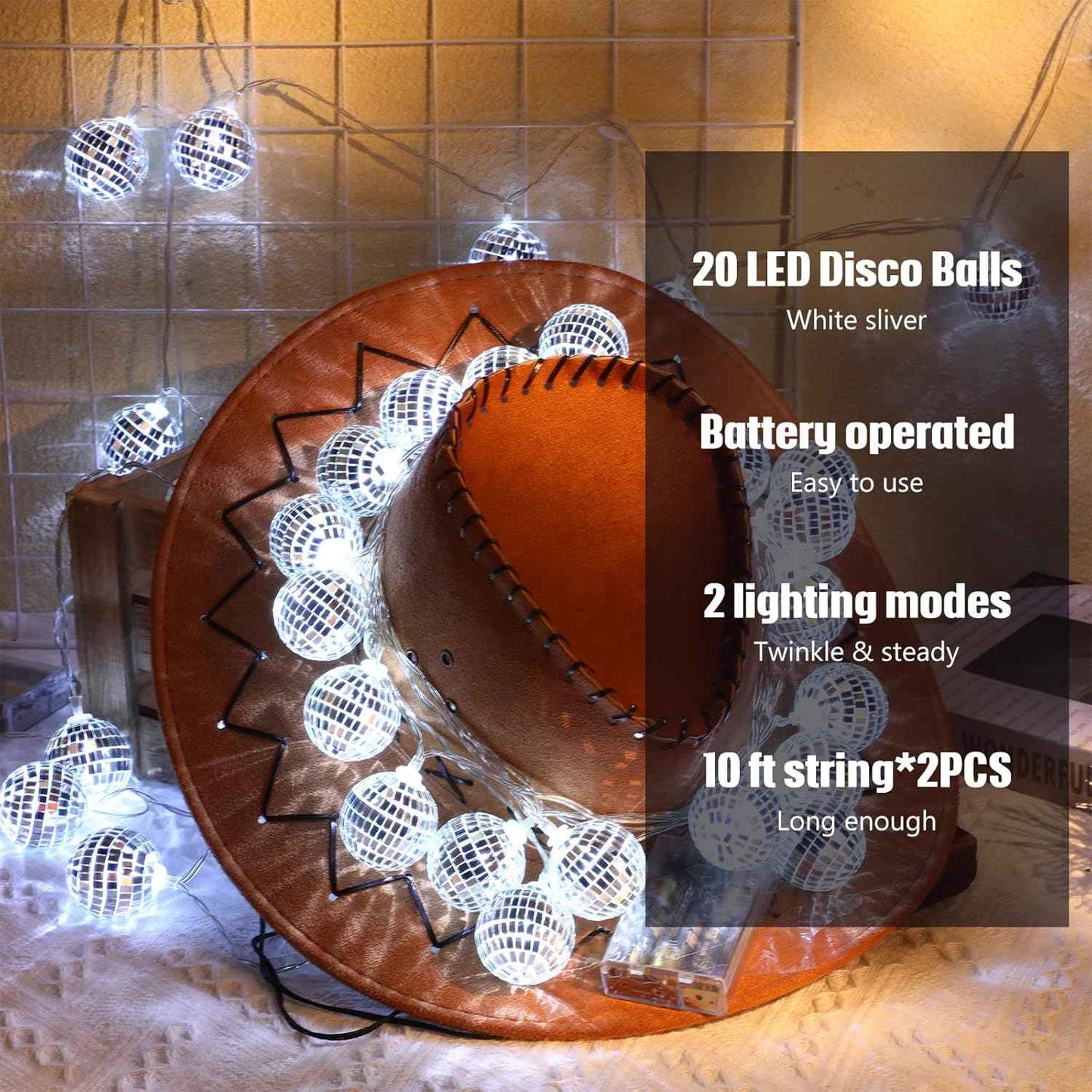40 LED Disco Ball String Lights 70s Decorations 9.8 ft Mirror Disco Light Battery Operated Ball Globe Ornaments for Christmas Wall Tree Indoor Outdoor Party Supply(White Silver)