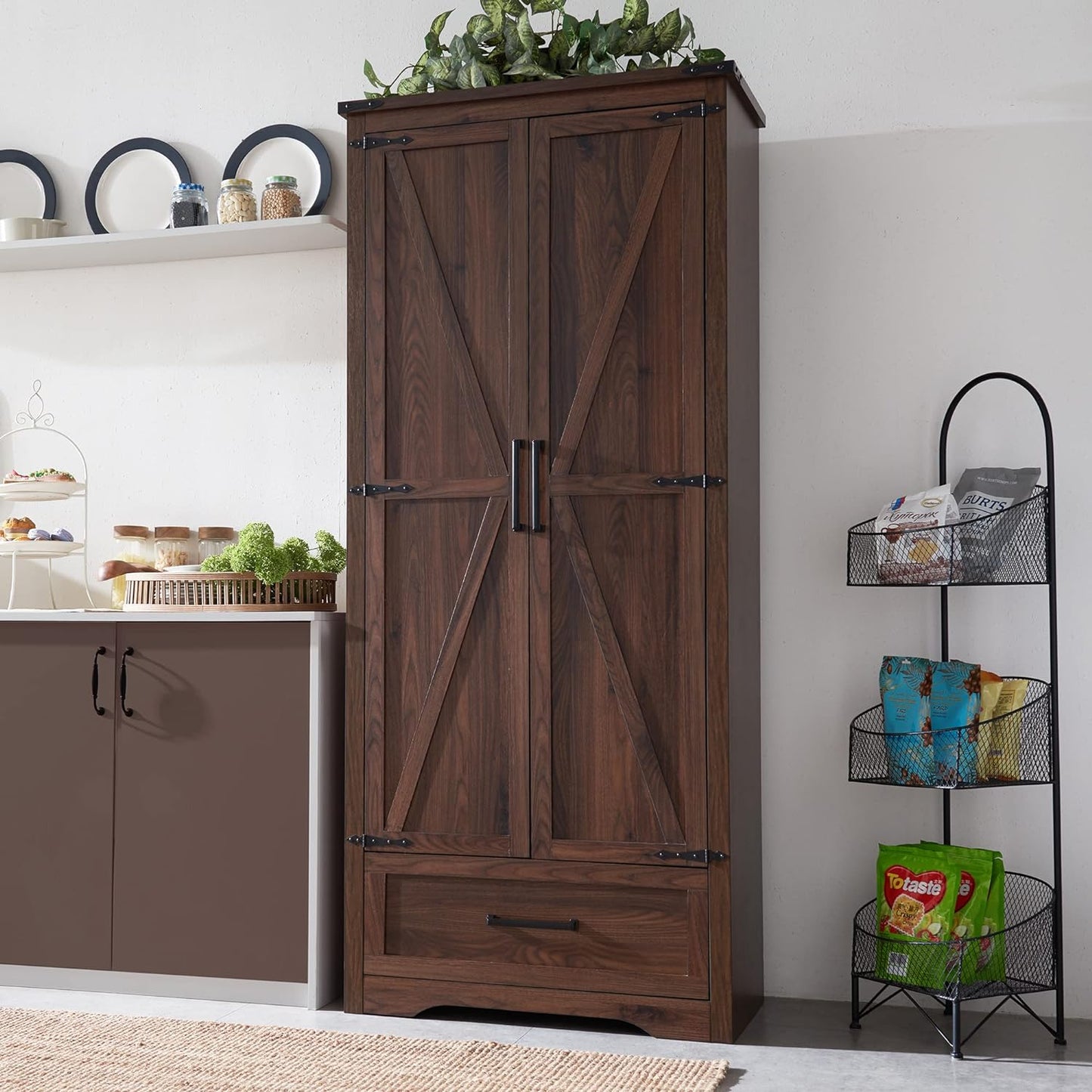 JXQTLINGMU Farmhouse Kitchen Pantry Cabinet - 72" Tall Wood Kitchen Storage Cabinets with Adjustable Shelves & 2 Barn Doors & Drawer, Versatile Storage for Dining Room, Bathroom, Rustic Brown