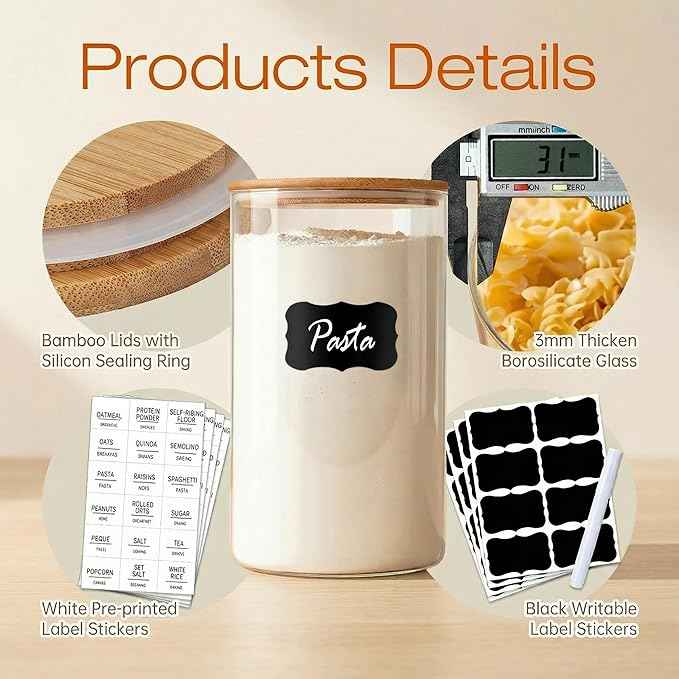 HomArtist Glass Jars with Bamboo Lids [Muti Size Set of 5], Glass Canisters with Airtight Lids, Glass Food Storage Containers for Pasta, Oats, Coffee, Flour, Sugar, Rice, Best for Kitchen & Pantry