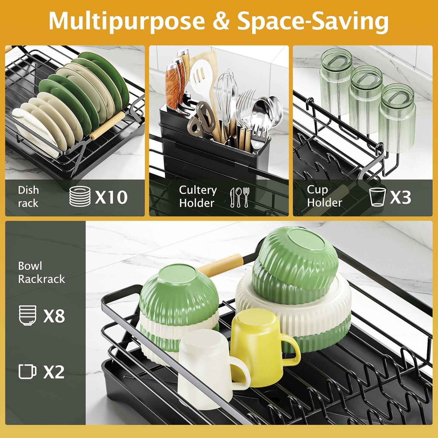 Epicano Dish Drying Rack for Kitchen Counter - Large Capacity Dish Rack with Wooden Handle,Cup Holder & Knife Slots, Rustproof Dish Drainer with Auto-Drainage System, Kitchen Sink Organizer, Black