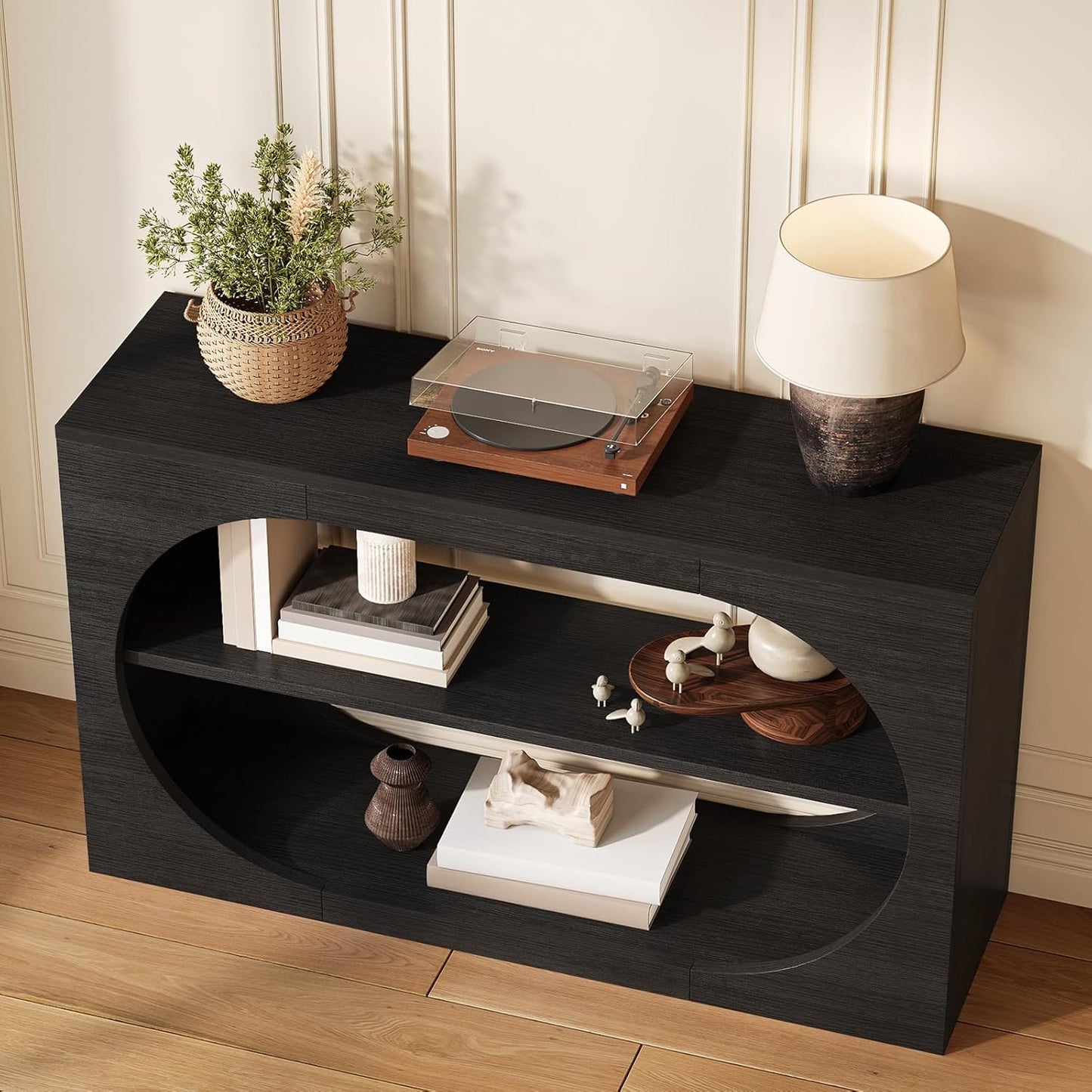 55-Inch Entryway Table with Storage, 3-Tier Console Tables, Behind Couch Table Wood Narrow Console Tables for Entryway, Living Room, Foyer, Hallway, Entry (Black)