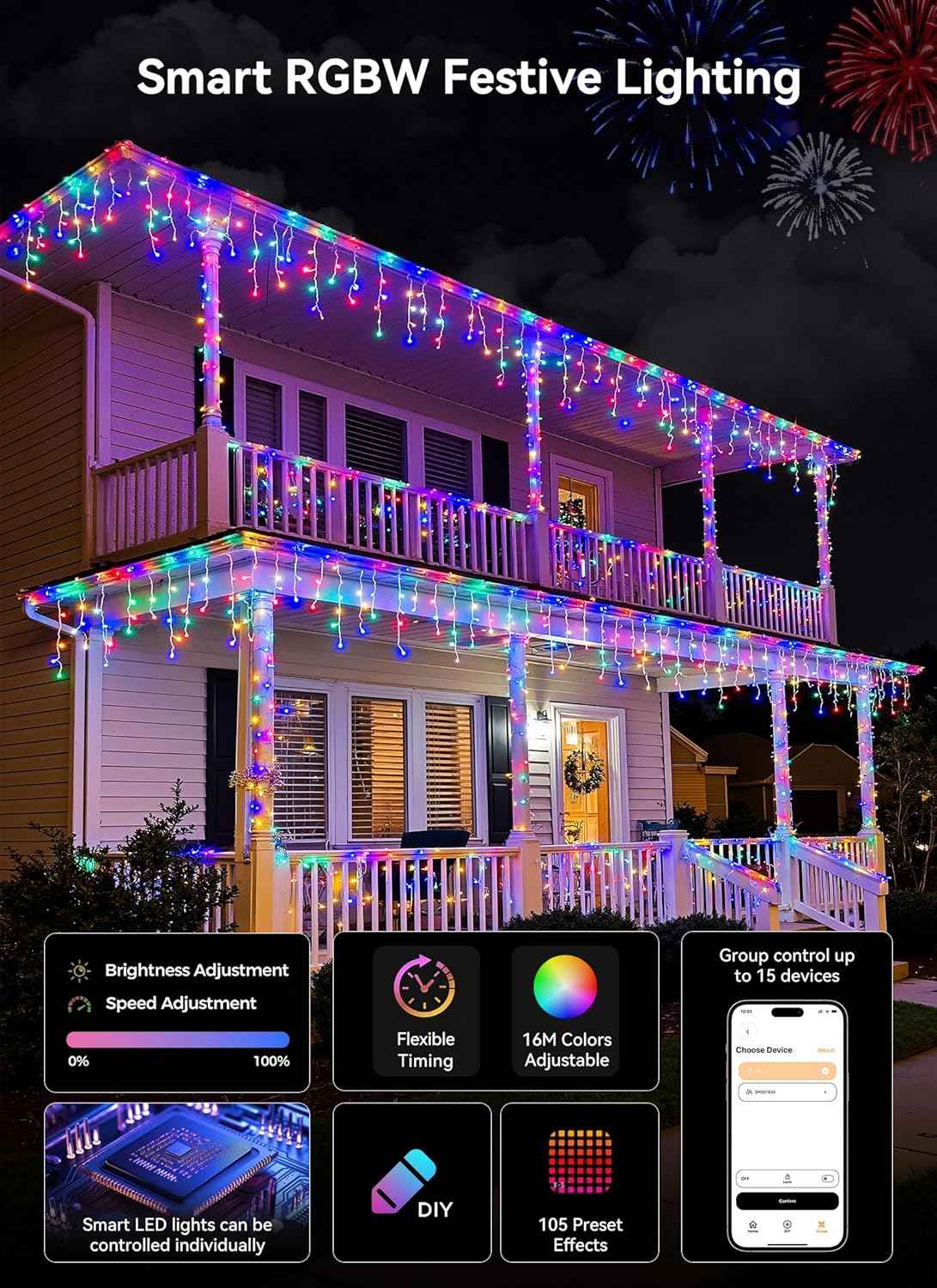 Smart Icicle Lights for Outside - 33ft 304 LED Color Changing Icicle Christmas Lights Outdoor - APP Controller 50+Preset Modes 16M Color Customize DIY Dynamic Lighting Effect