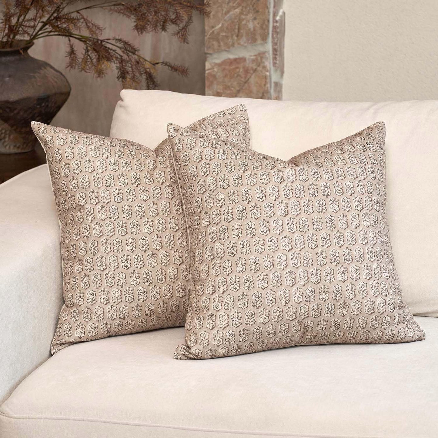 DOMVITUS Floral Pillow Covers Set of 2, Throw Pillow Covers 18x18, Floral Print Neutral Accent Decorative Pillow Covers for Living Room, Bed, Cloud Cream