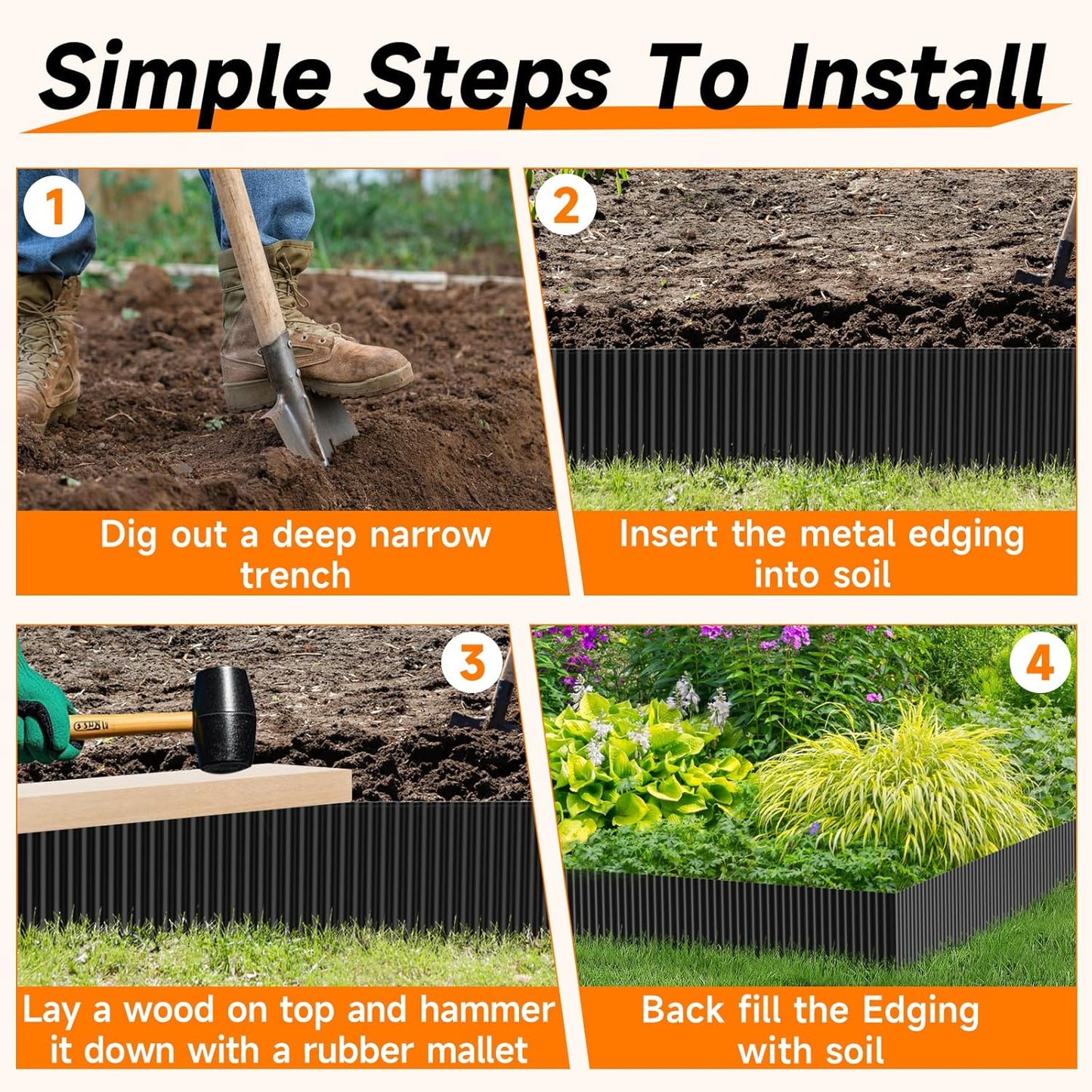 Corrugated Garden Edging,6"×20Ft Galvanized Steel Landscape Edging & Lawn Edging Border,Metal Garden Border for Flower Beds,Garden,Lawn,Raised Beds & Tree Surrounds(Black)