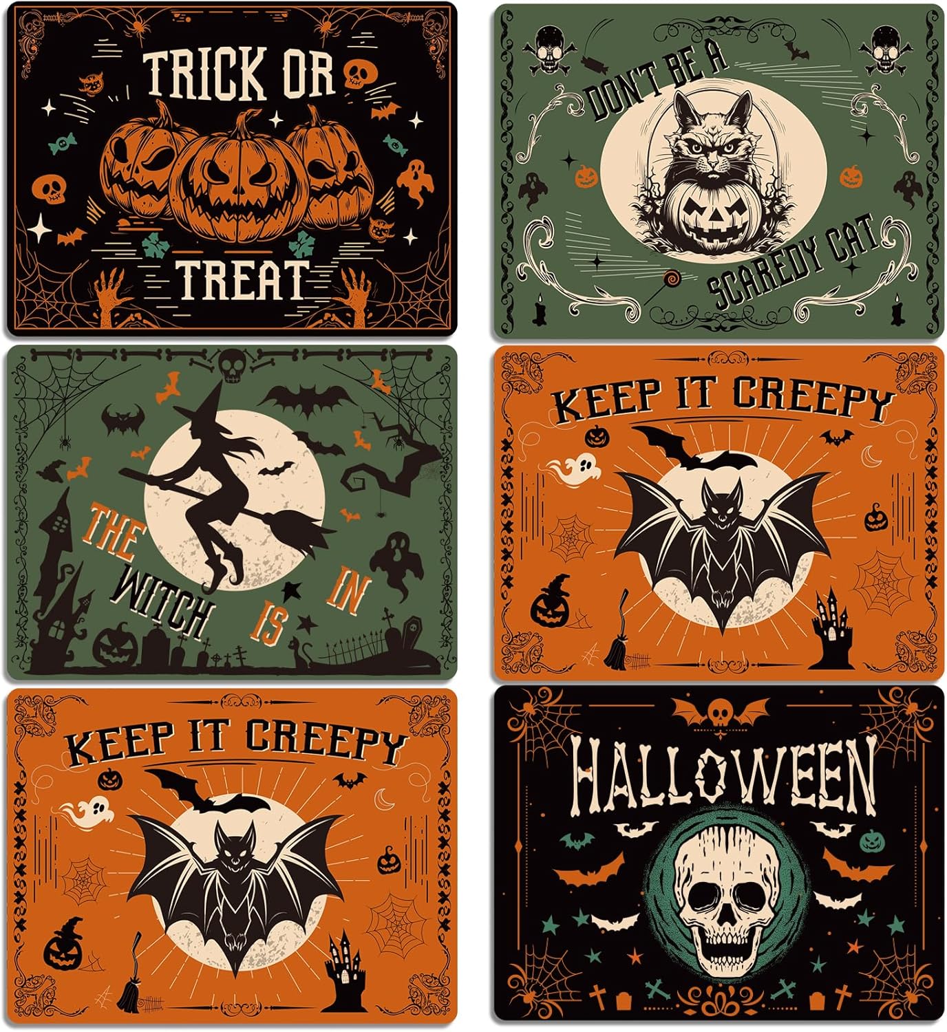 Halloween Placemats Set of 6 Gothic Bat Plastic Table Mats Pumpkin Witch Skull Ghost Halloween Place Mats Washable Vinyl Rustic Table Decoration for Indoor Outdoor Party Kitchen Dining