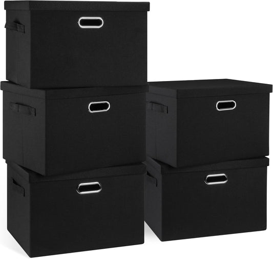 Large 17" 36 Quart Collapsible Stackable Storage Bins with Lids, 5 Packs Black Linen Fabric Closet Boxes with Lids, Storage Cube Baskets Container Organizers for Bedroom Office(17 x12 x11)