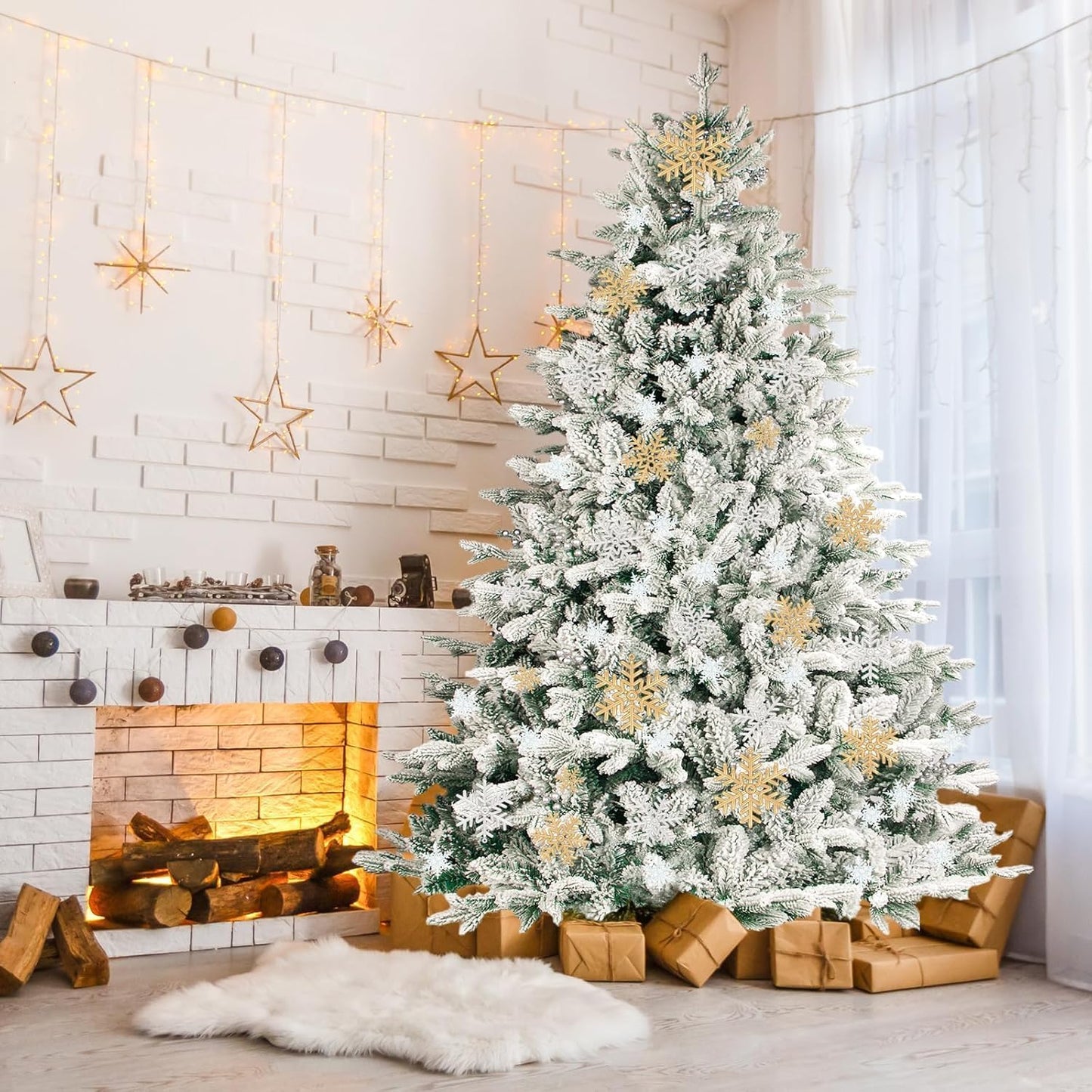 Outroad 7ft Snow Flocked Christmas Tree Premium Hinged Artificial Pine Tree, Xmas Tree Metal Stand and 1000 Lush Branch Tips Holiday Decorate, Easy to Assemble, White
