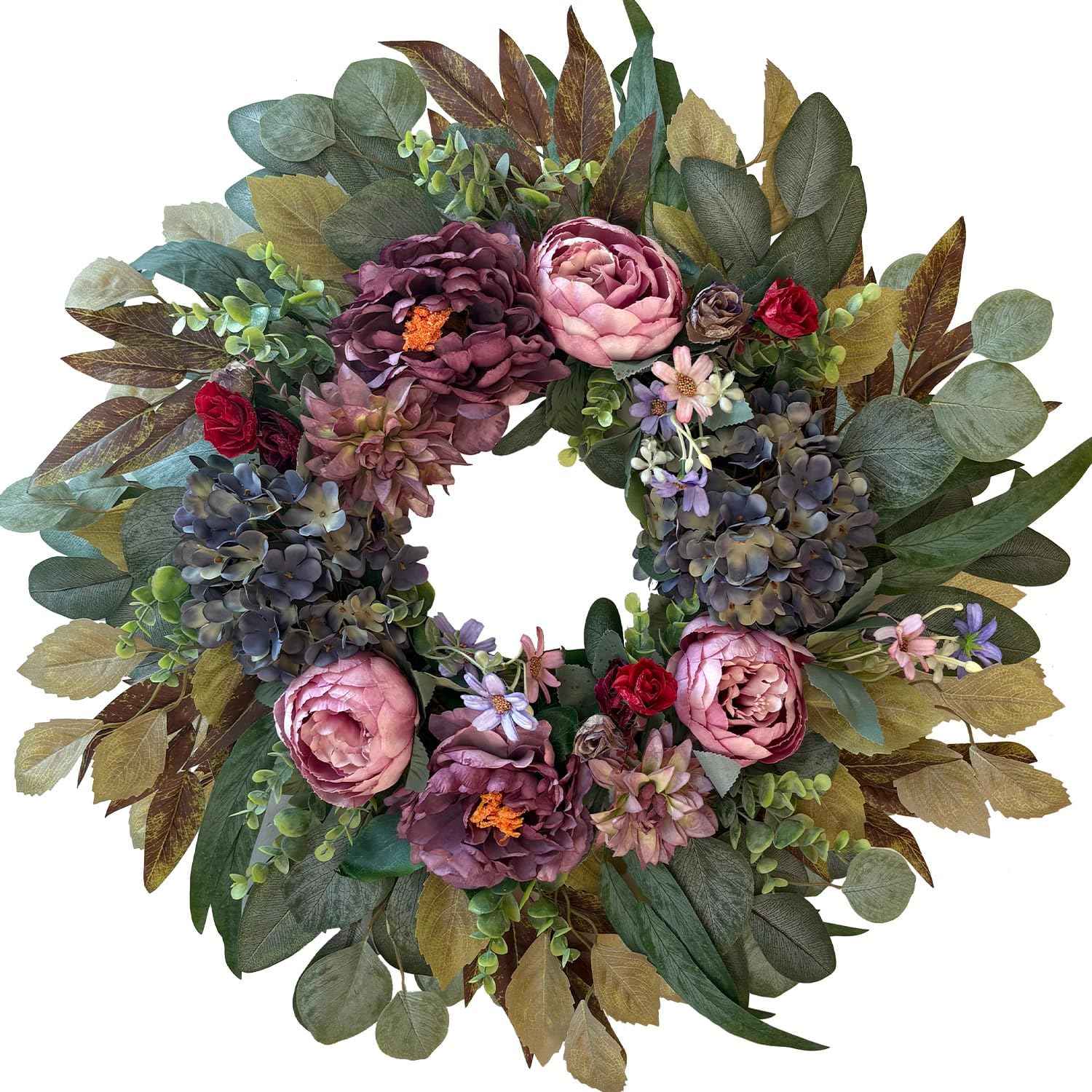 WANNA-CUL 24 Inch Spring Wreaths for Front Door Decor, Spring Front Door Wreath with Pink&Purple Peony Floral and Vintage Blue Hydrangea Flower for Wedding or Indoor&Outdoor Wreath Decoration