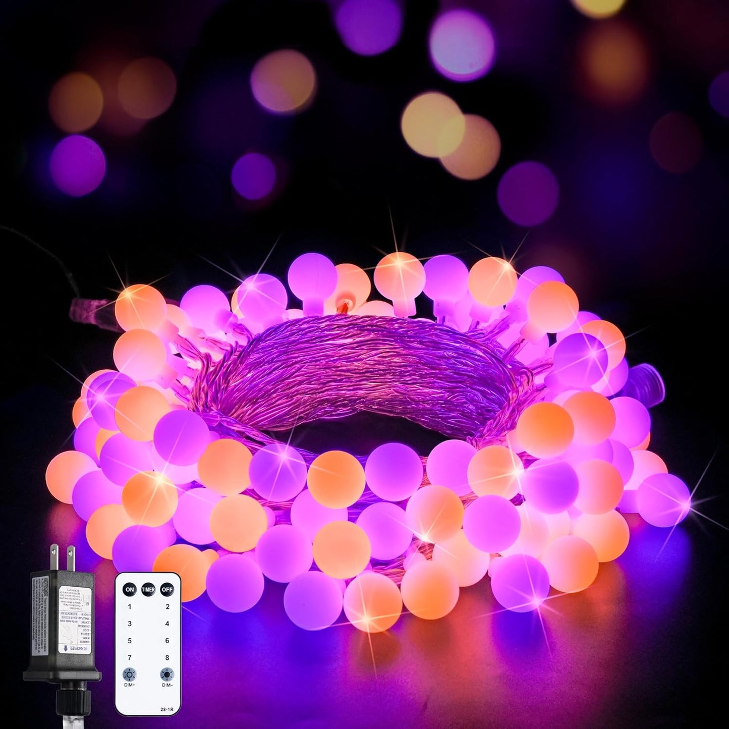JMEXSUSS 100 LED Orange and Purple Halloween Lights Indoor, Connectable Globe String Lights Plug in with Remote, 33ft 8 Modes Orange and Purple Light Outdoor for Room Party Halloween Decor