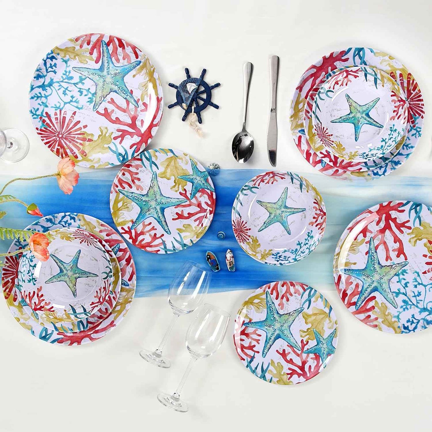 Melamine Dinnerware Set for 4 – 12-Piece Starfish Coral Design Plates and Bowls, Ocean Dishes set, Unbreakable Dinner Set for Indoor Outdoor Use, Dishwasher Safe, Coastal Beach Theme Tableware