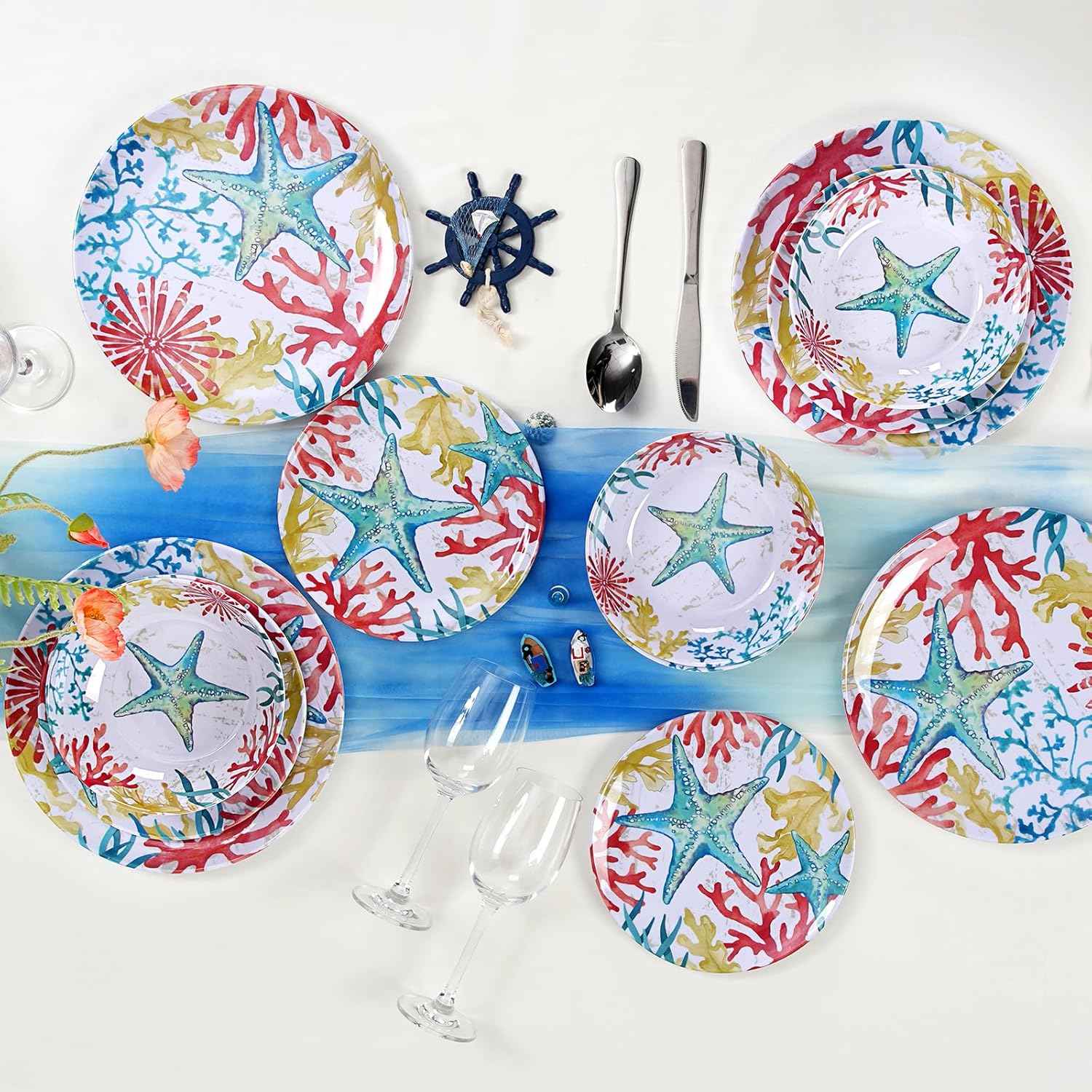 Melamine Dinnerware Set for 4 – 12-Piece Starfish Coral Design Plates and Bowls, Ocean Dishes set, Unbreakable Dinner Set for Indoor Outdoor Use, Dishwasher Safe, Coastal Beach Theme Tableware