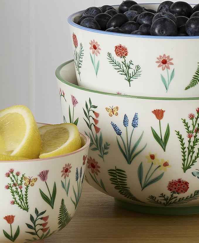 Oneida Serveware, First Blooms Nesting Bowls Set Of 3, Porcelain Material, Dishwasher & Microwave Safe, 19-oz, 30-oz, & 46-oz Serving Bowls, Pasta Bowl, Floral Design (Multi-Colored, 3 Pieces)