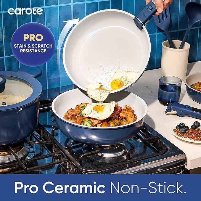 CAROTE 27pcs Ceramic Cookware Set Nonstick, Pots and Pans Set Non Stick, Non Toxic Cookware Detachable Handles, Dishwasher/Oven Safe, RV/Camping Cookware with Kitchen Utensils, Mothers Day Gifts