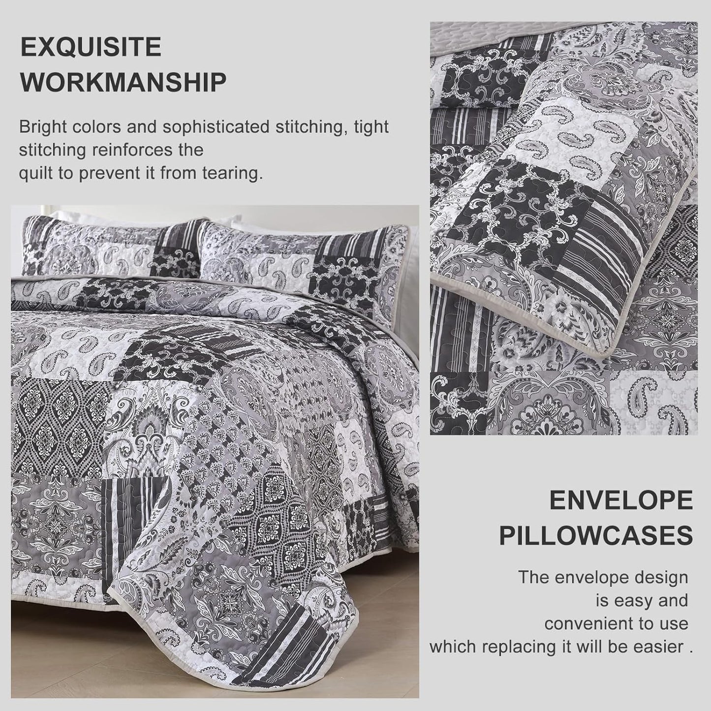 WONGS BEDDING Grey Quilt Set King Size, Patchwork Plaid Bedspread Bedding Sets Soft Microfiber Boho Quilts for King Bed 3 Pieces Coverlet Set for All Season (104"x90")