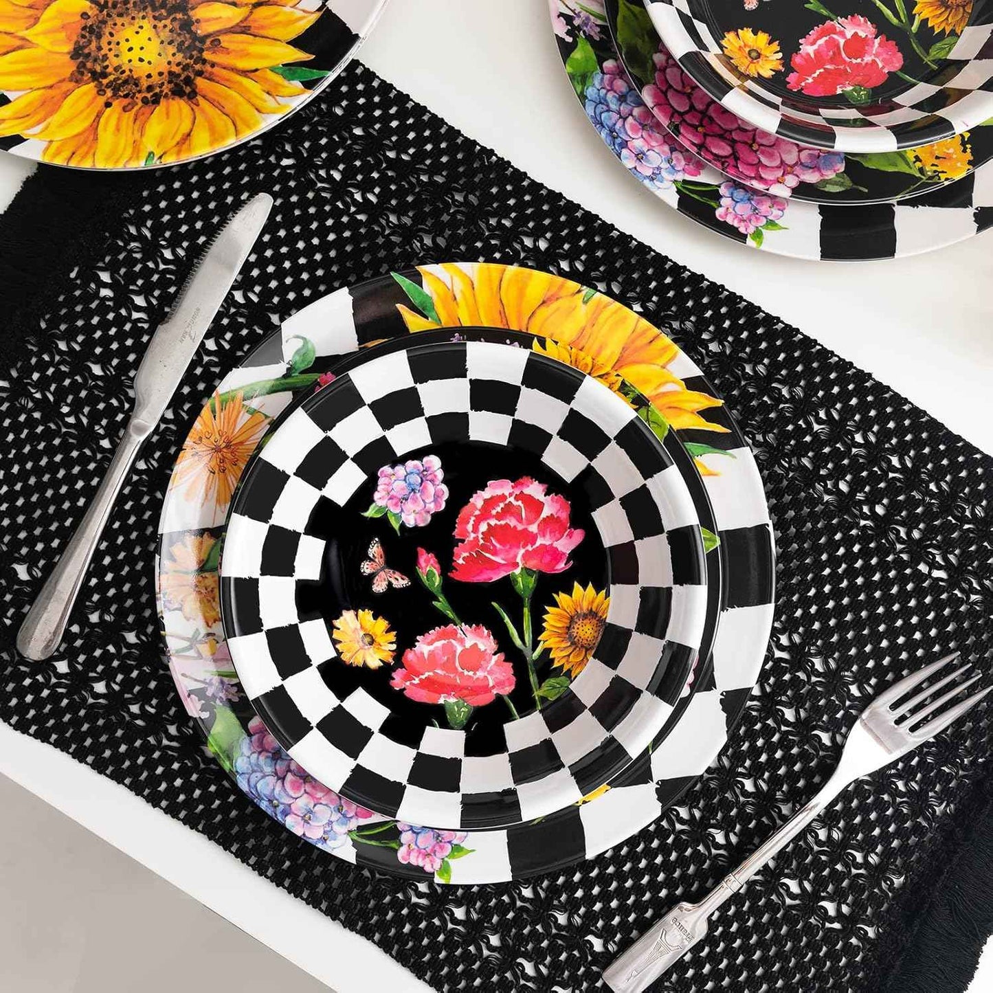 LEHAHA Sunflower 12-Piece Melamine Dinnerware Set Include Plates/Dishes and Bowls, Service for 4, BPA Free and Unbreakable Black Plaid Floral Dish Set for Indoor and Outdoor Use…