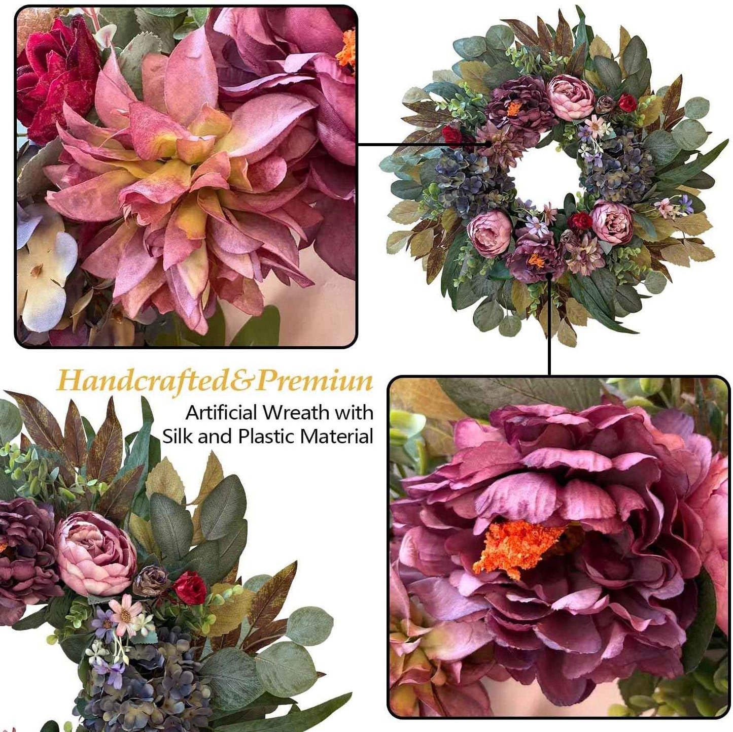 WANNA-CUL 24 Inch Spring Wreaths for Front Door Decor, Spring Front Door Wreath with Pink&Purple Peony Floral and Vintage Blue Hydrangea Flower for Wedding or Indoor&Outdoor Wreath Decoration