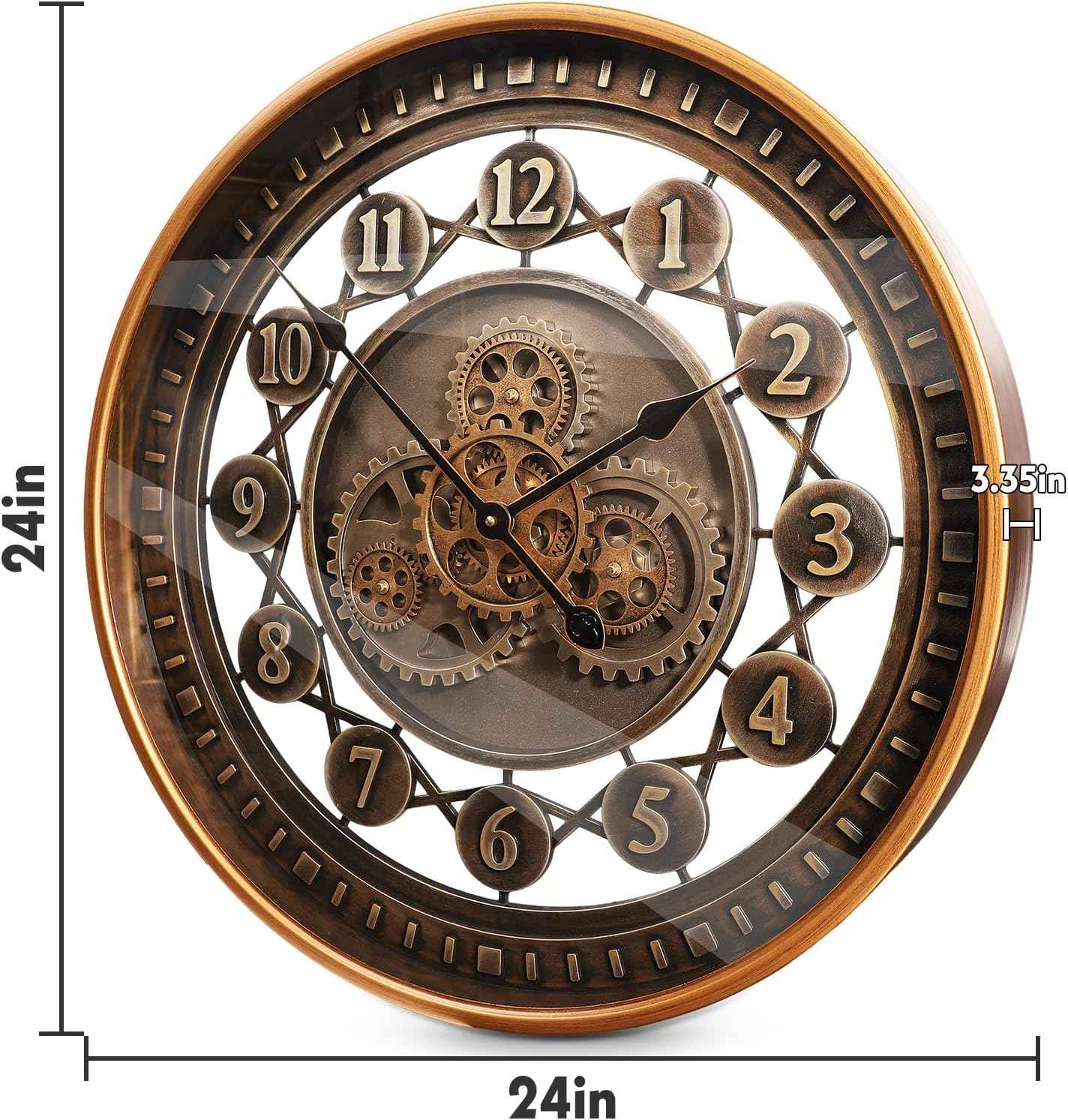 24 Inch Wall Clock with Moving Gears Large Industrial Steampunk Metal Clock Antique Gold Oversized Farmhouse Decor Wall Clock for Living Room Home Office(Bronze Brown-Arabic Numerals)