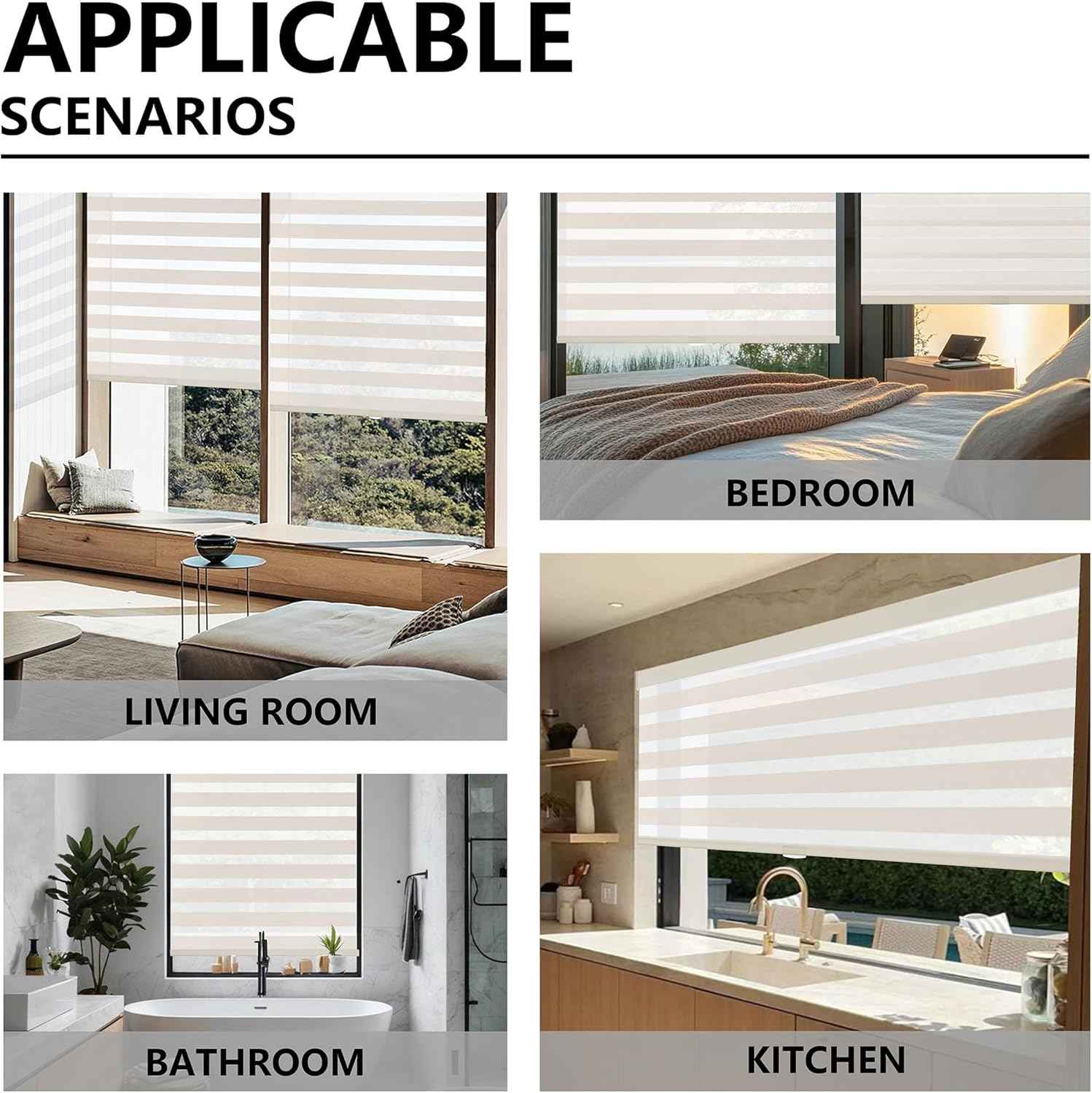 Cordless Zebra Blinds for Windows, Free-Stop Pull Down Roller Window Shades with Valance, Light Filtering Dual Layers Sheer Shades for Home and Office, Beige, 45" W x 72" H