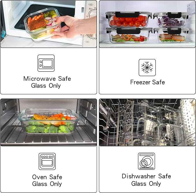 UMEIED 12 PACK Glass Food Storage Containers with Leak Proof Lids, Glass Airtight Meal Prep Containers Set for Lunch, On the Go, Leftover, Kitchen Pantry Organizers and Storage (Black)