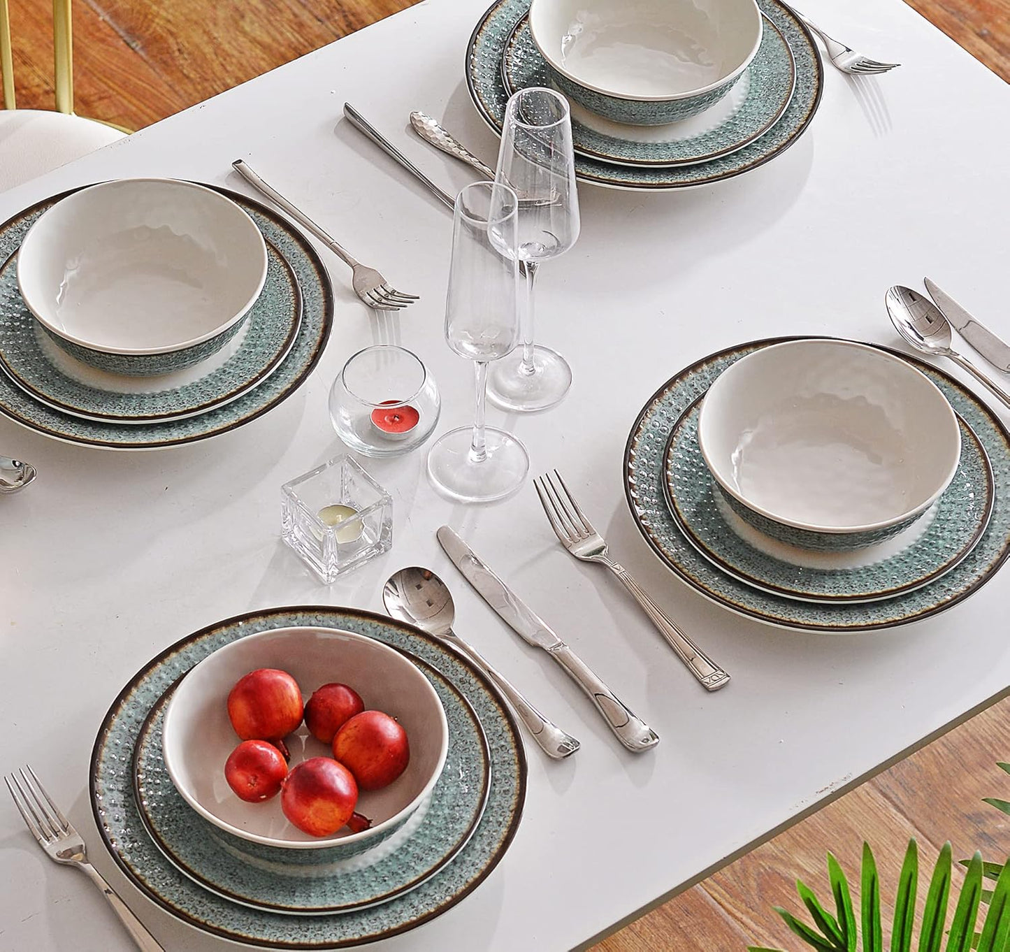 Melamine Dinnerware Sets,12pcs Plates and Bowls Sets, Melamine Dishes Set for 4, Unbreakable,Dishwasher Safe, BPA Free,Great for Indoor Use,Camping, BBQ,RV, Party,Rustic Style (Teal)