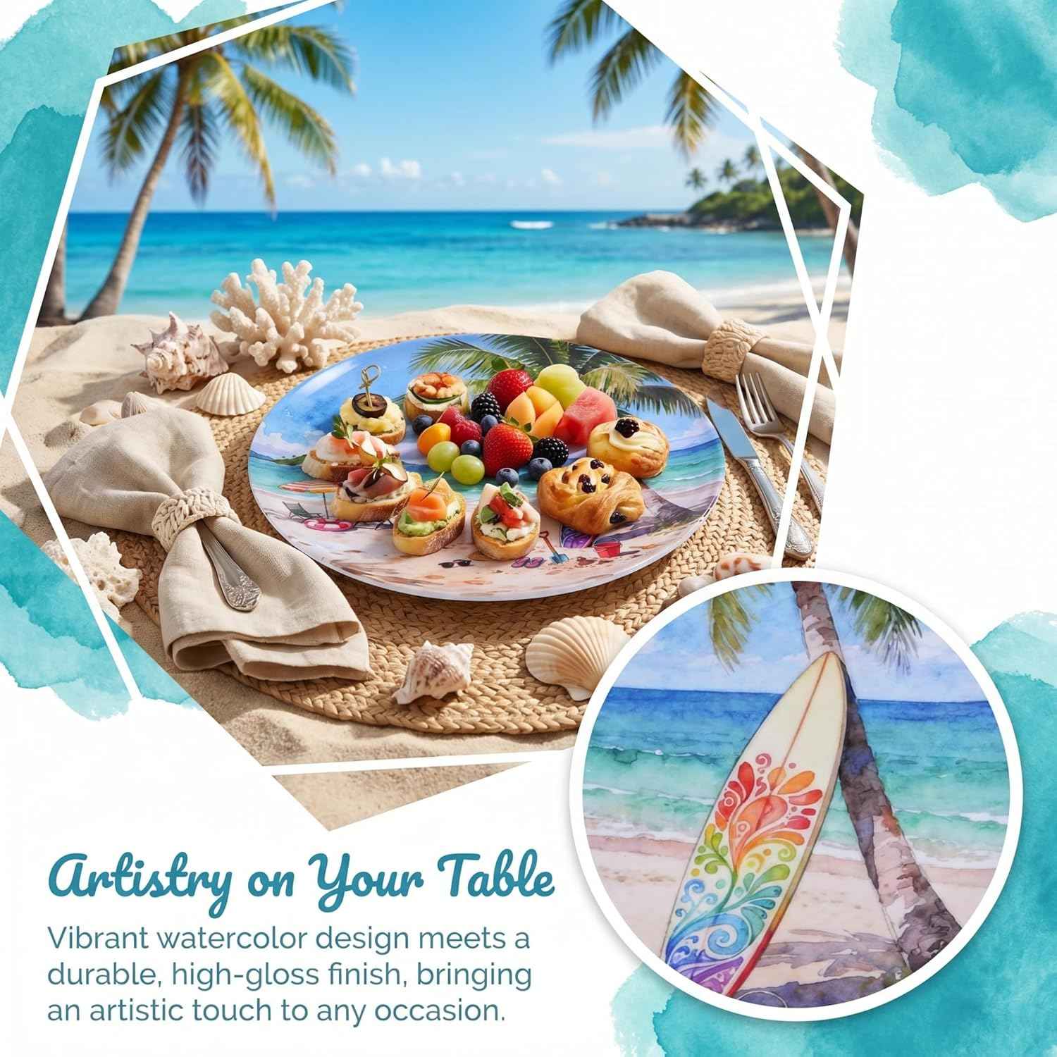 10.5 Inch Melamine Plates Set of 12 – Lightweight & Unbreakable Dinner Plates, Chip Resistant & Dishwasher Safe, Summer Beach Design for Indoor and Outdoor Use
