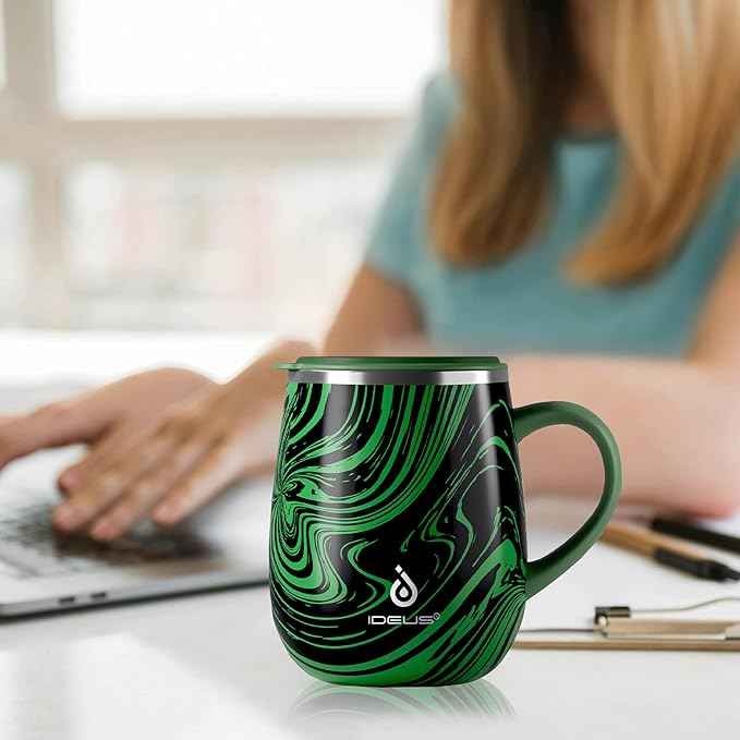 Ideus 16 oz (470 ml) Insulated Coffee Mug with Handle and Lid, Double Wall Stainless Steel Vacuum Thermal Coffee Mug, Travel Coffee Cup Thermal Cup for Home and Office (Green Zebra)