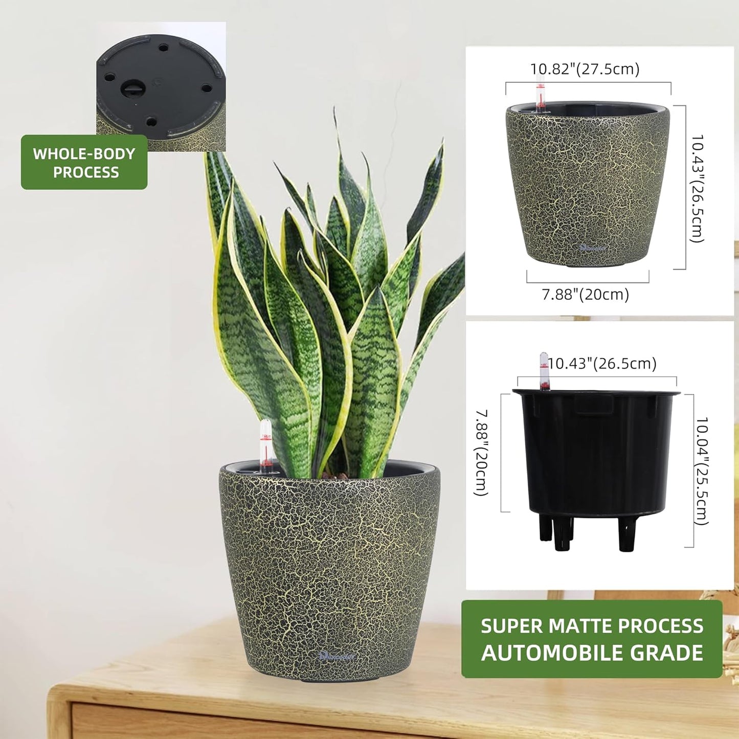 Dexceder 11x10 Inches Self Watering Planter Indoor Outdoor, Inner Pot Design, Thickened Table Flower Plant Pot with Water Level Indicator (Black Gold Crackle)