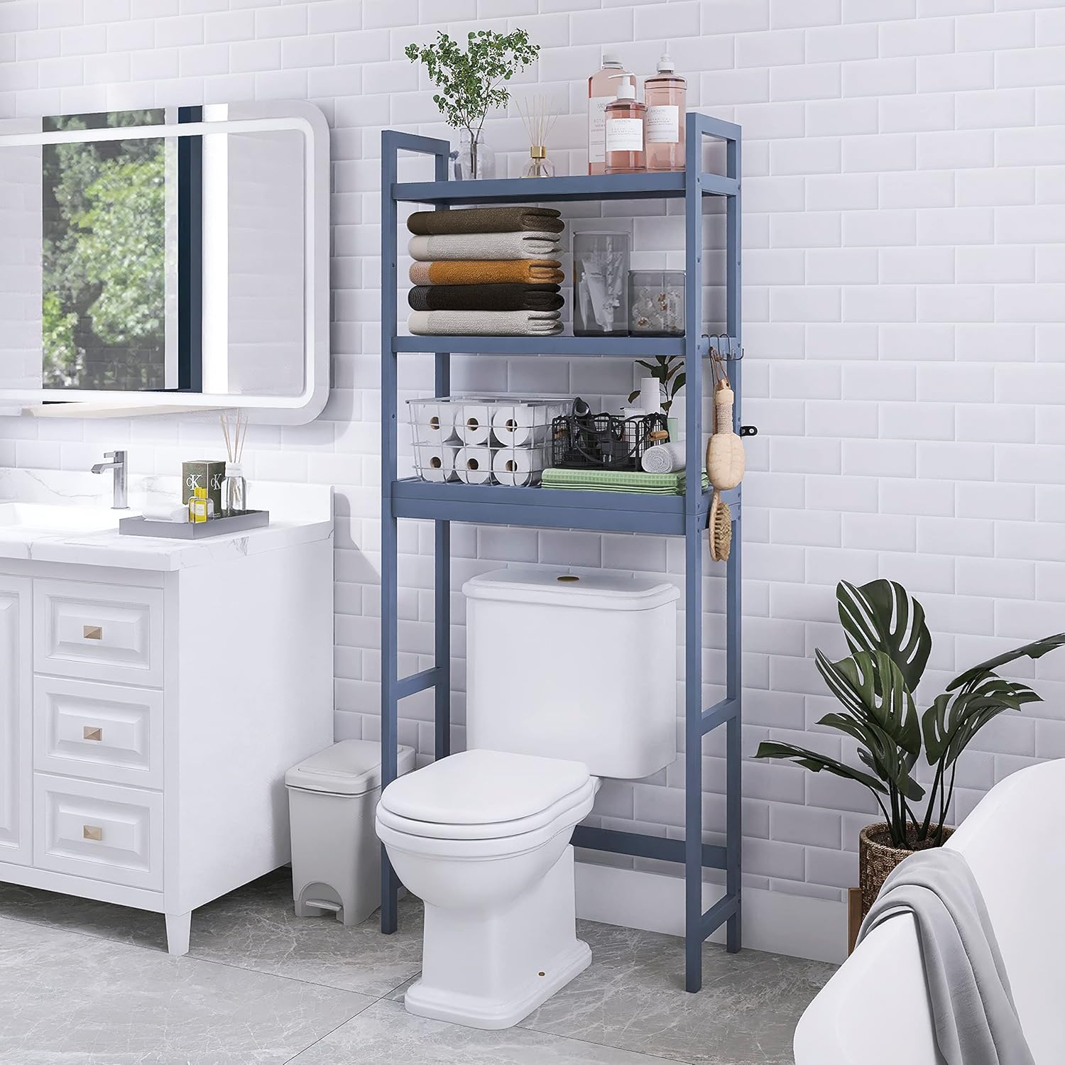 SMIBUY Bathroom Storage Shelf, Bamboo Over-The-Toilet Organizer Rack, Freestanding Toilet Space Saver with 3-Tier Adjustable Shelves (Grey) - Lumora Casa