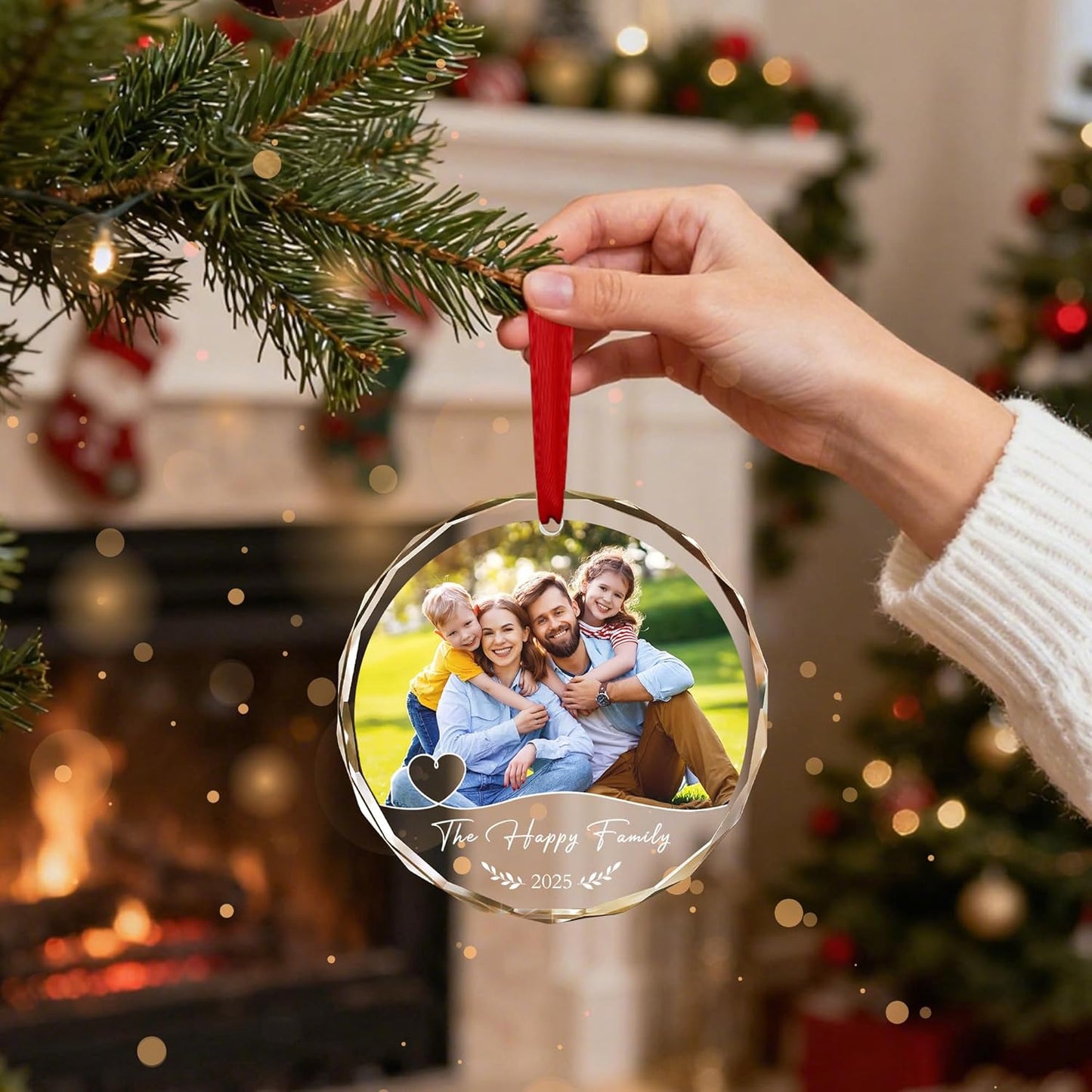 Personalized Family Christmas Ornaments 2025, Custom Crystal Ornament with Photo Text, Customized Picture Ornaments for Christmas Tree Xmas Keepsake Gifts for Family Dad Mom Couple Him Her