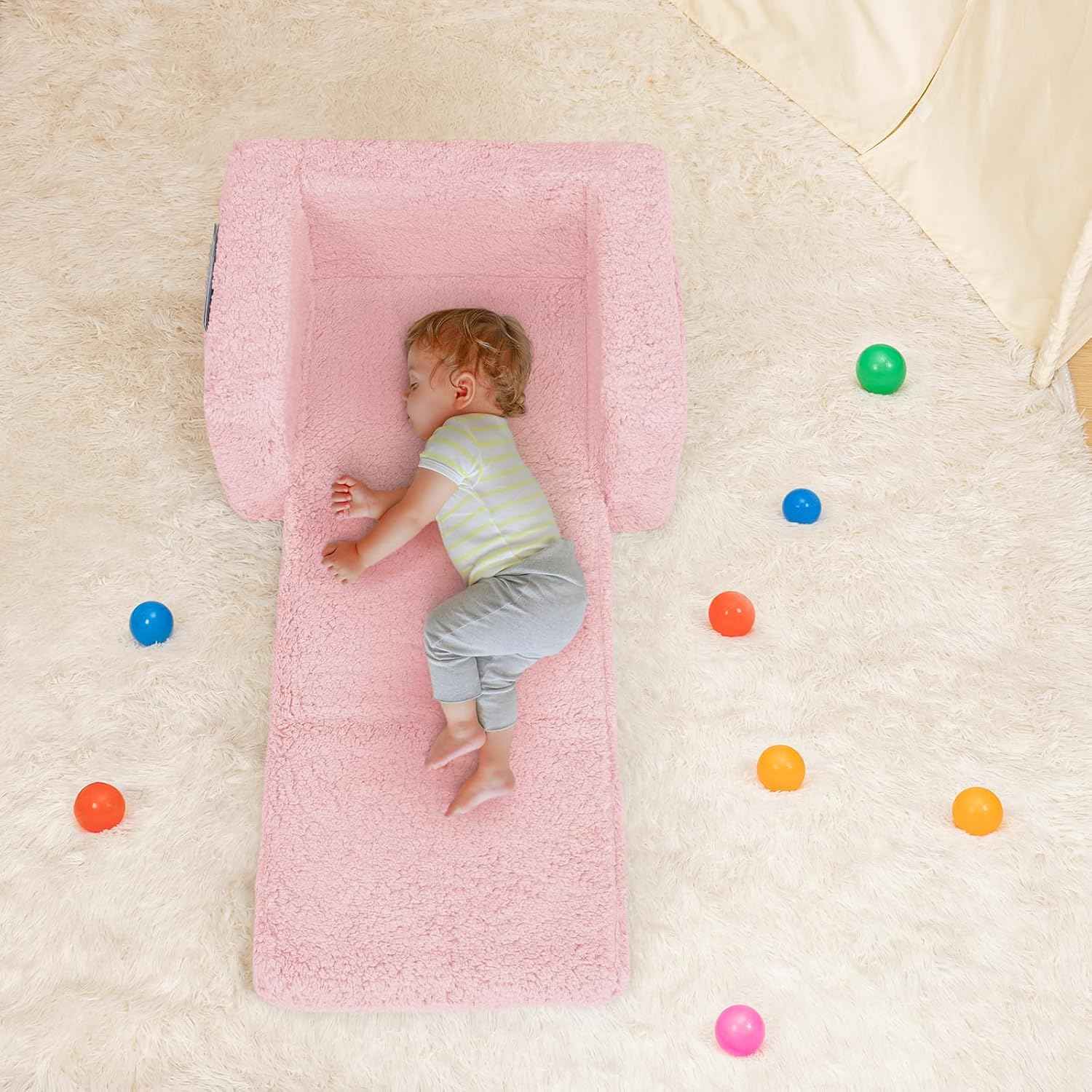 SLIGUY Toddler Couch Convertible Sofa to Lounger Pull Out Couch Sherpa Cover Dark Pink