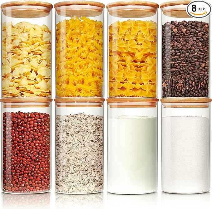 HomArtist Glass Jars with Bamboo Lids 28 floz [Set of 8], Glass Canisters with Airtight Lids, Glass Food Storage Containers for Pasta, Oats, Coffee, Flour, Sugar, Rice, Best for Kitchen & Pantry