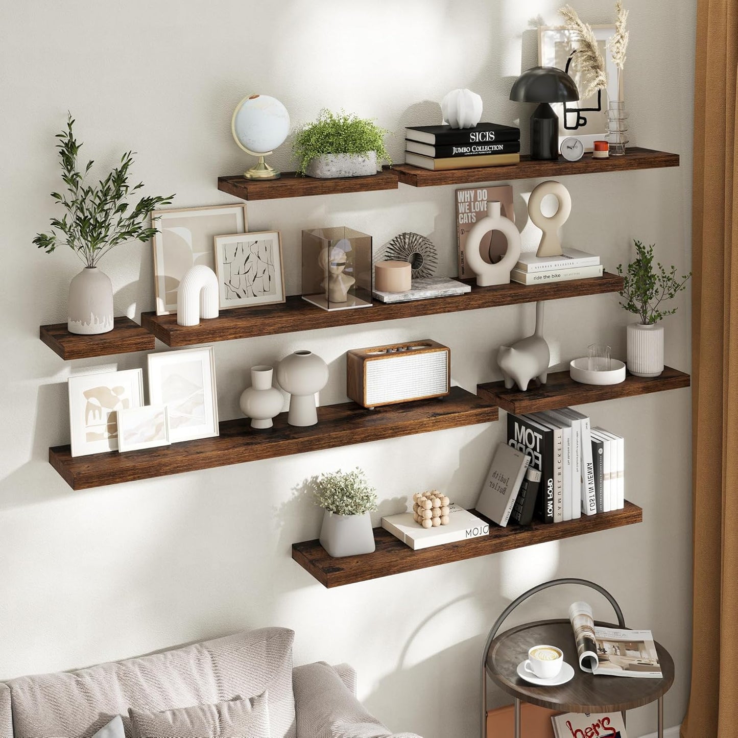 36 Inch Floating Shelves for Wall Set of 2, 8"D Wood Grain Bathroom Shelves with Invisible Brackets, Easy Install Engineered Wood Storage Shelves for Kitchen, Living Room, Bedroom, Rustic Brown Finish