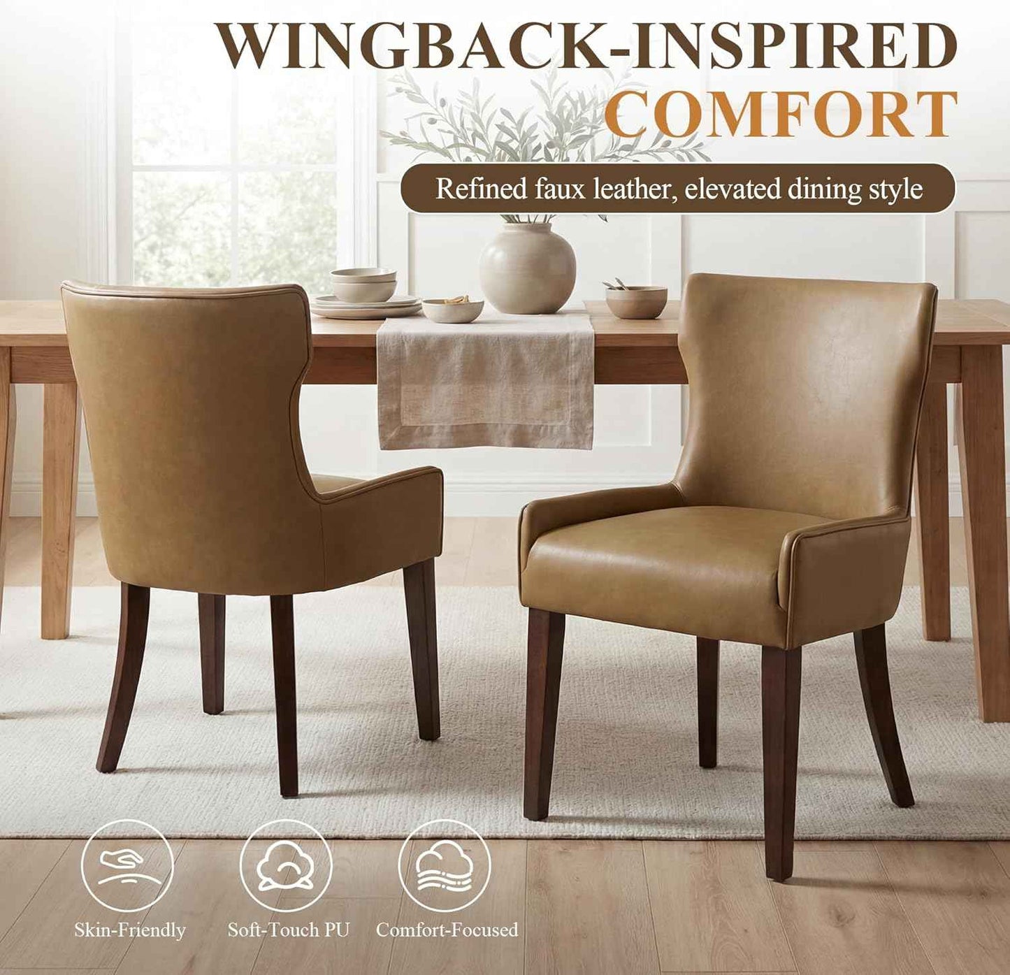 Modern Dining Chairs Set of 4, Faux Leather Kitchen Chairs with Wood Legs, Upholstered Curved Back Side Accent Chair for Kitchen/Dining Room, Brown PU