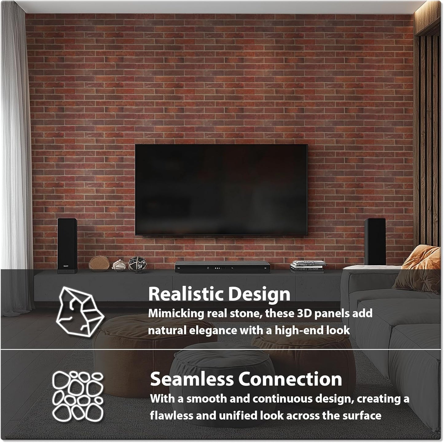 CONCORD WALLCOVERINGS ™ Retro-Art 3D Faux Brick Wall Panels - Pack of 10, 17.5" x 23.75", Red PVC, Covers 28.86 sq.ft., Model 570TG,3D Thin Brick Veneers, Realistic Stone Texture