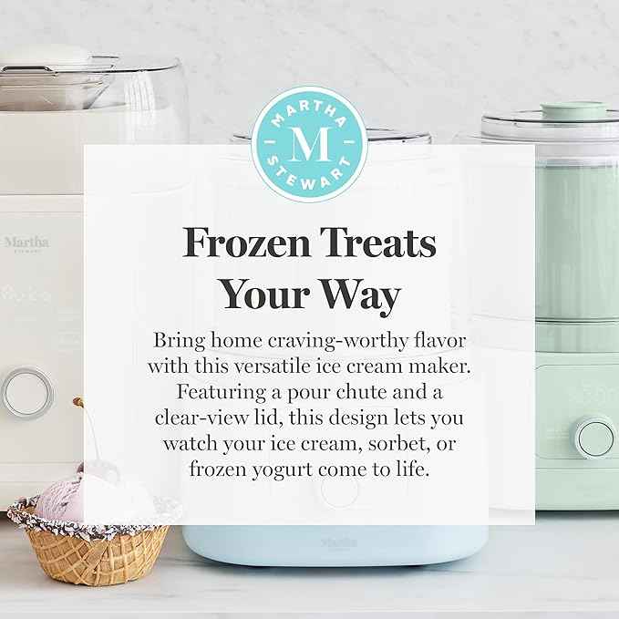 Martha Stewart Ice Cream Maker, 2 Quart Double-Insulated Freezer Bowl, Sorbet & Frozen Yogurt, Ready in 20 Minutes, Mix-Ins Chute, Easy to Clean, Sky Blue