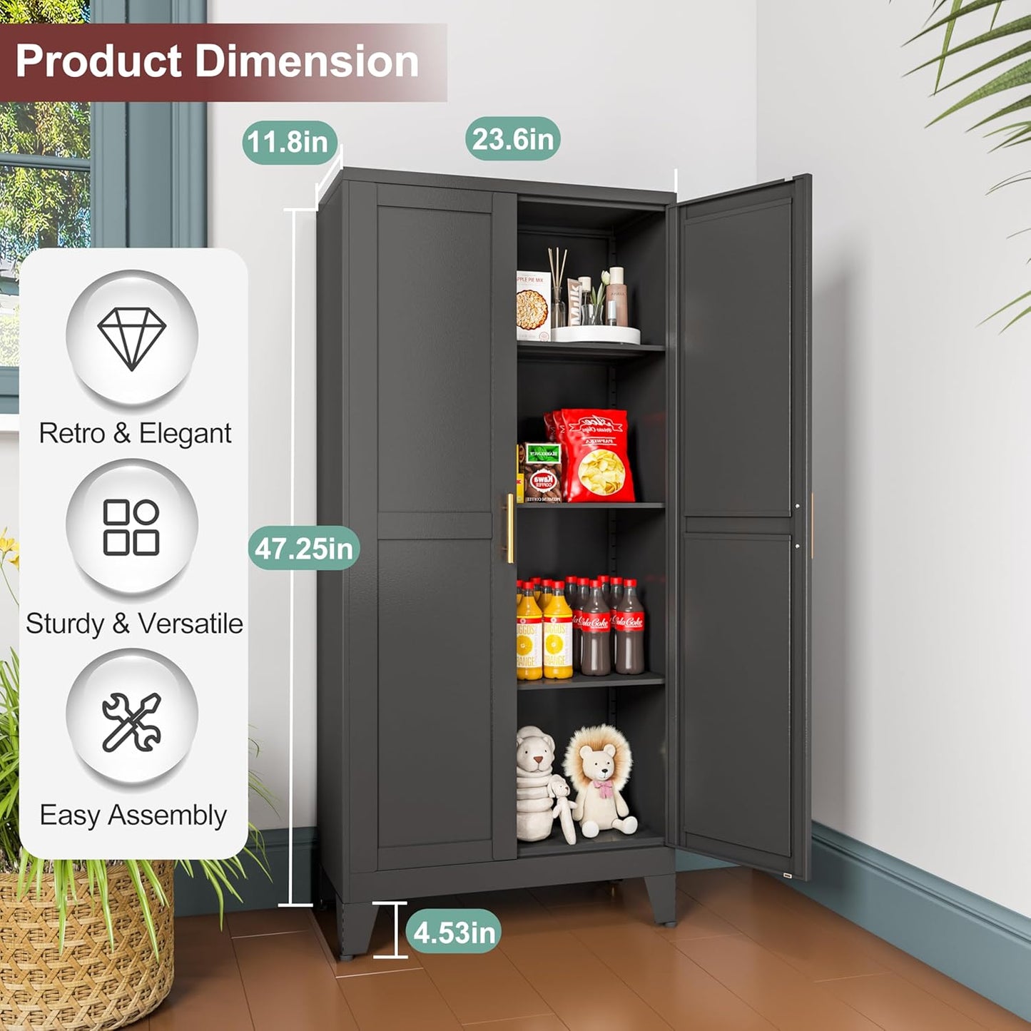 Metal Pantry Cabinet with 2 Doors and Adjustable Shelves, Kitchen Storage cabinets with Gold Handles, Versatile Storage for Laundry Room,Living Room,Bathroom,Dinning Room-Black