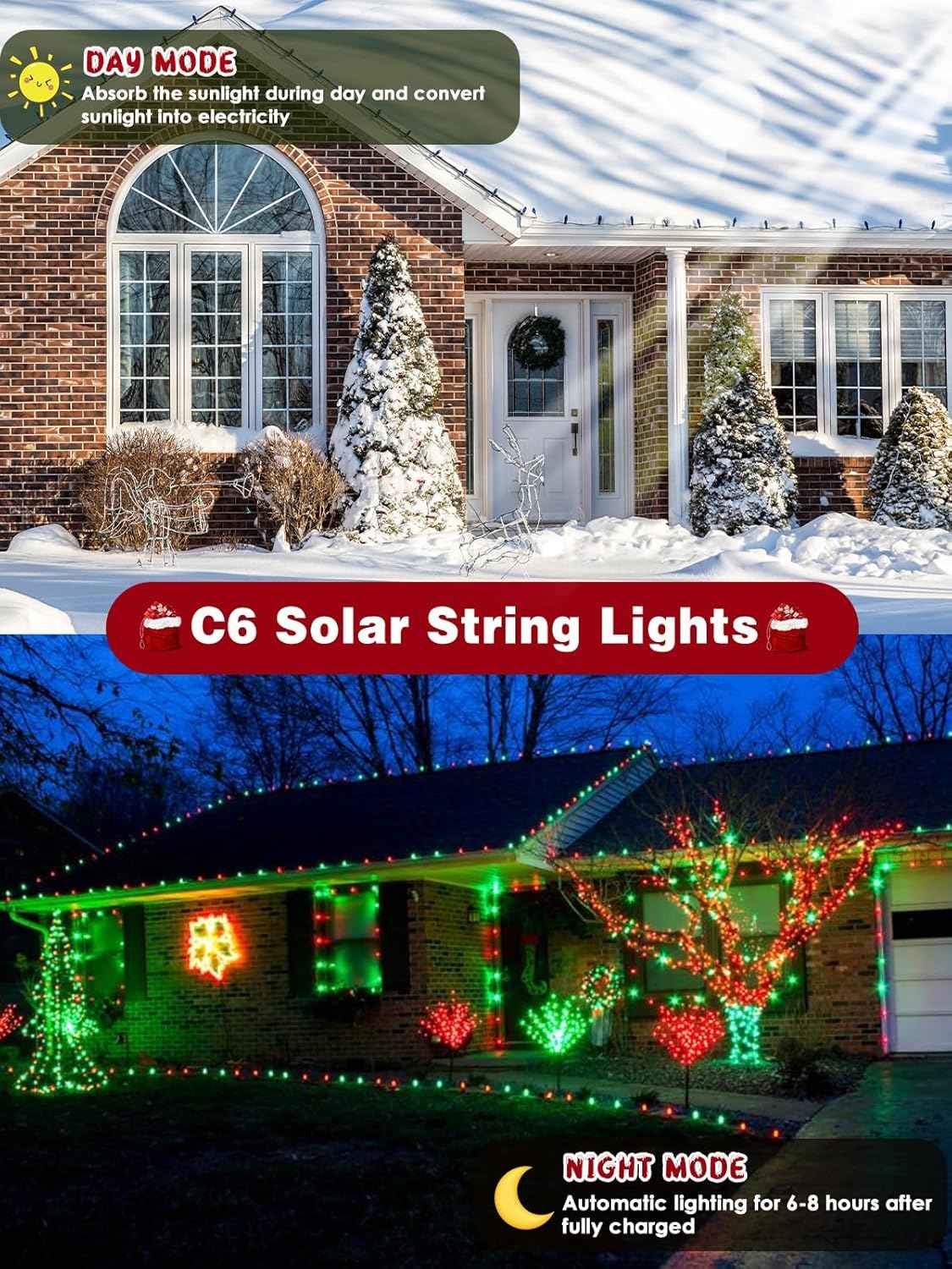 C6 Solar Christmas Lights Outdoor, 100 LED 33FT Christmas Decorations Outdoor Waterproof, Solar String Lights for Outside with 8 Modes, Fairy Twinkle Light for Tree Garden Yard Decor (Red and Green)