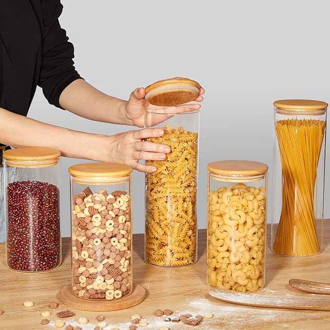 Vtopmart 70oz Glass Food Storage Jars, 3 Pack Large Kitchen Containers with Airtight Bamboo Lids for Pasta, Nuts, Flour, Canisters Set for Cereal, Pantry Organization, BPA Free