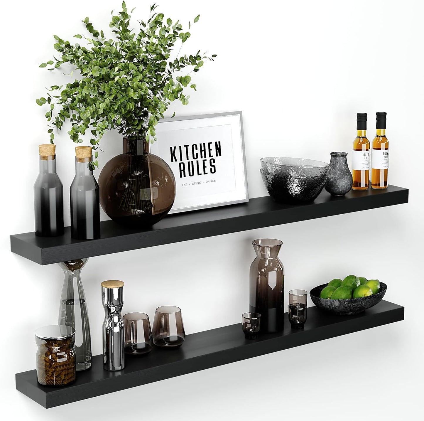 Homeforia Black Floating Shelf 48 inches, High End Solid Real Wood 48 inch Long Floating Shelves for Wall, Black Wooden 48inch Large Floating Shelves, Heavy Duty Bracket, 48 X 6.5 X 1.75 in, Set of 2