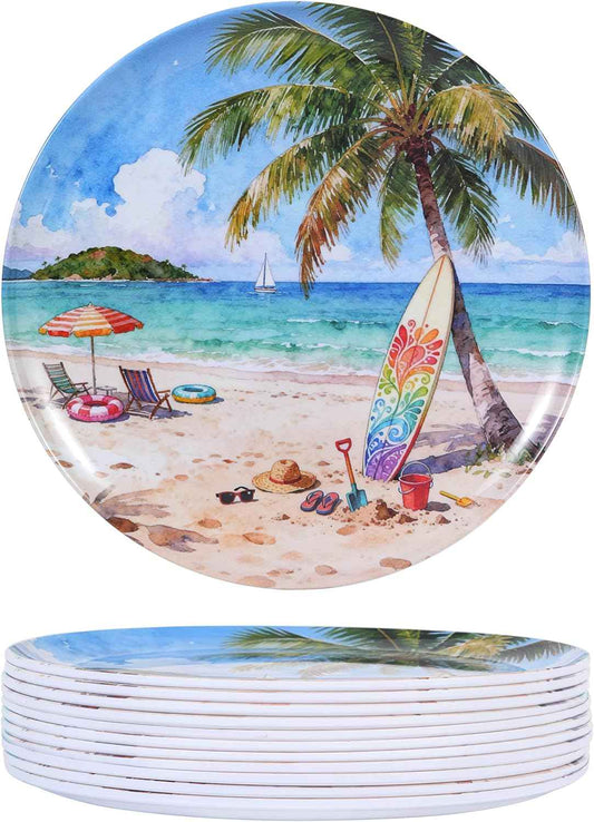 10.5 Inch Melamine Plates Set of 12 – Lightweight & Unbreakable Dinner Plates, Chip Resistant & Dishwasher Safe, Summer Beach Design for Indoor and Outdoor Use