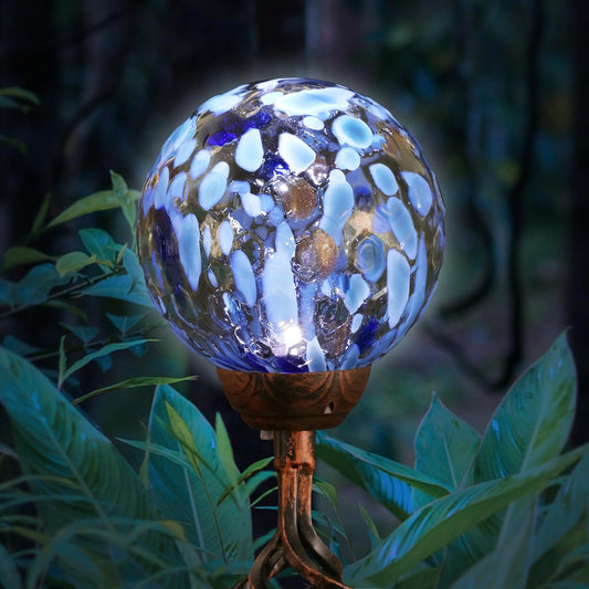 Exhart Garden Solar Lights, Decorative LED Honeycomb Glass Ball Garden Stake, Glass and Metal Outdoor Decoration, Blue, 4 x 31 Inch