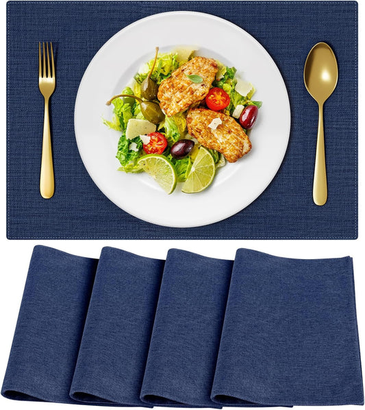 Cloth Placemats, Set of 4 Heat-Resistant Cotton Linen Blend Double Layered Machine Washable Place Mats, Wrinkle Free Thick Fabric Dining Table Mats for Indoors & Outdoors (Navy Blue, 4)